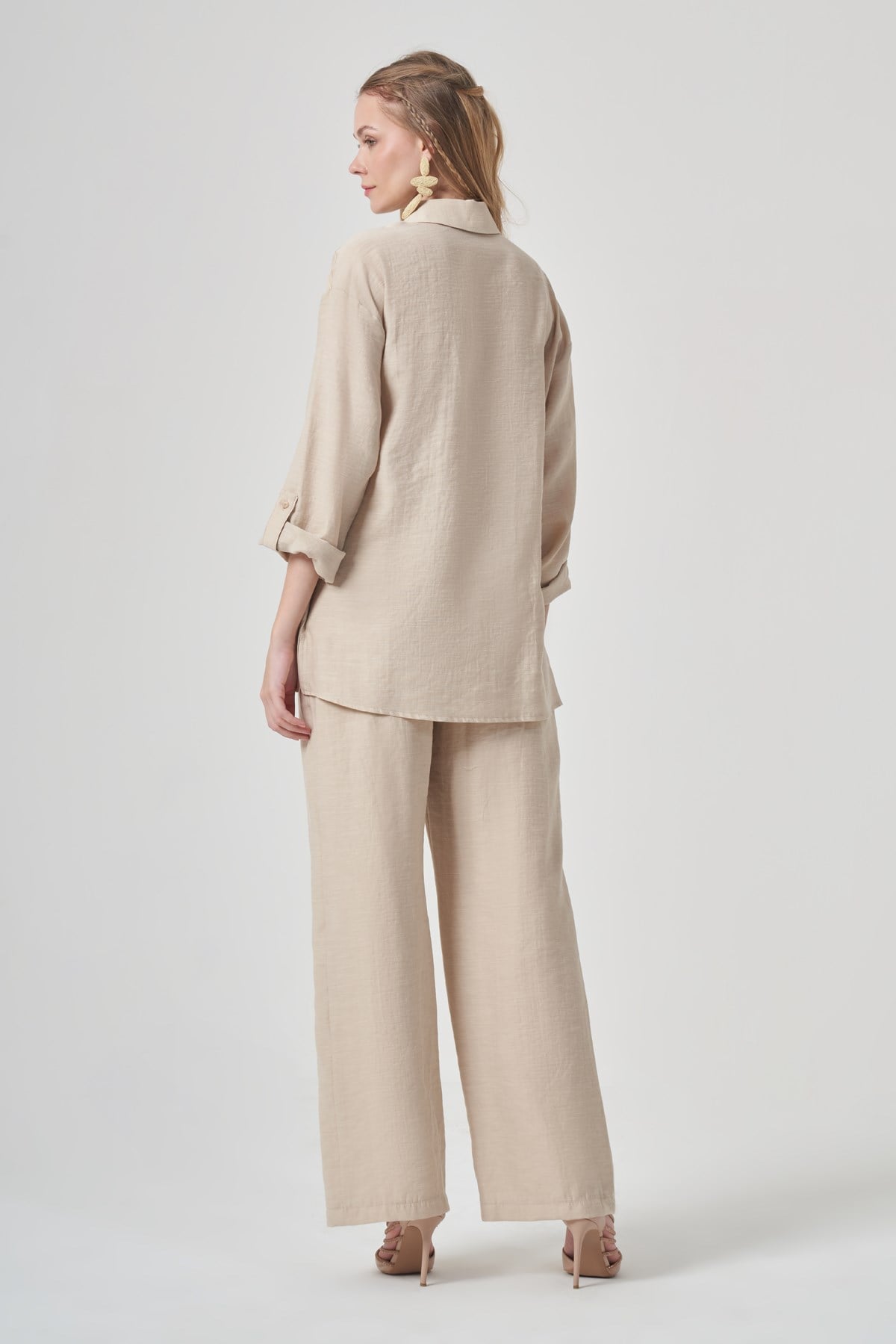 FTZ Women Kadın Düğme Detay Keten Takım  Beige 31410