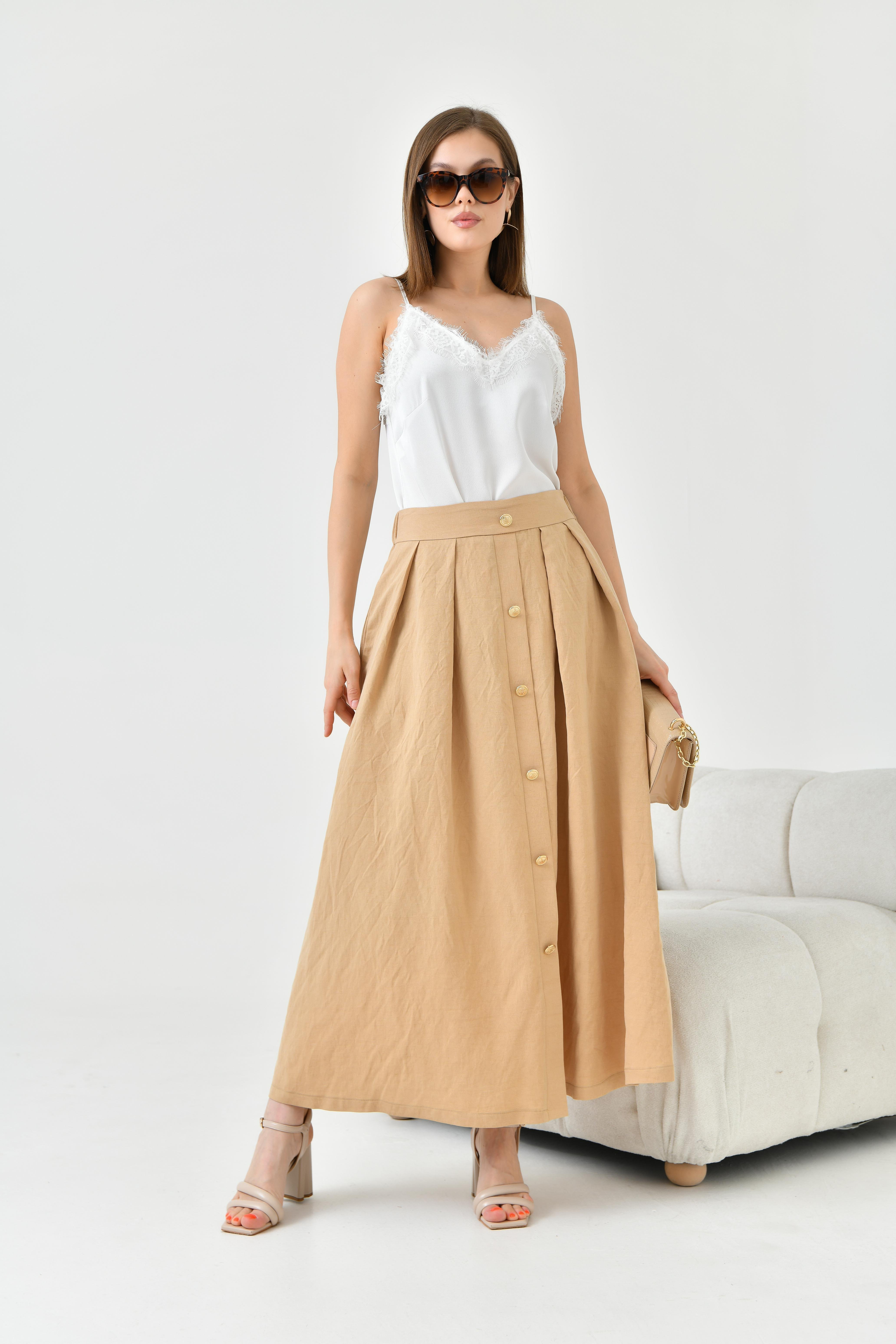 FTZ Women Kadın Düğmeli Etek  Beige 30819