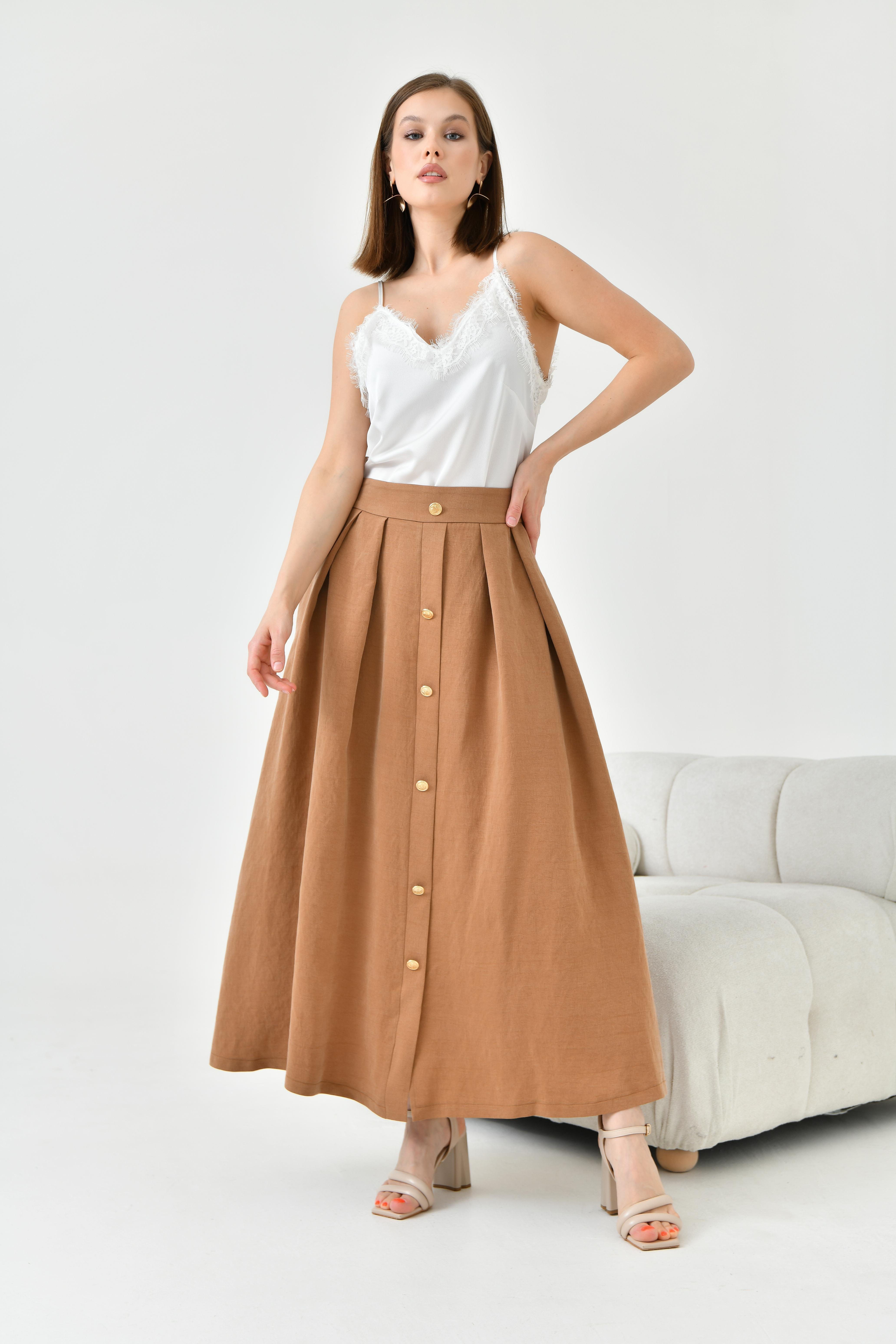 FTZ Women Kadın Düğmeli Etek Kakao 30819