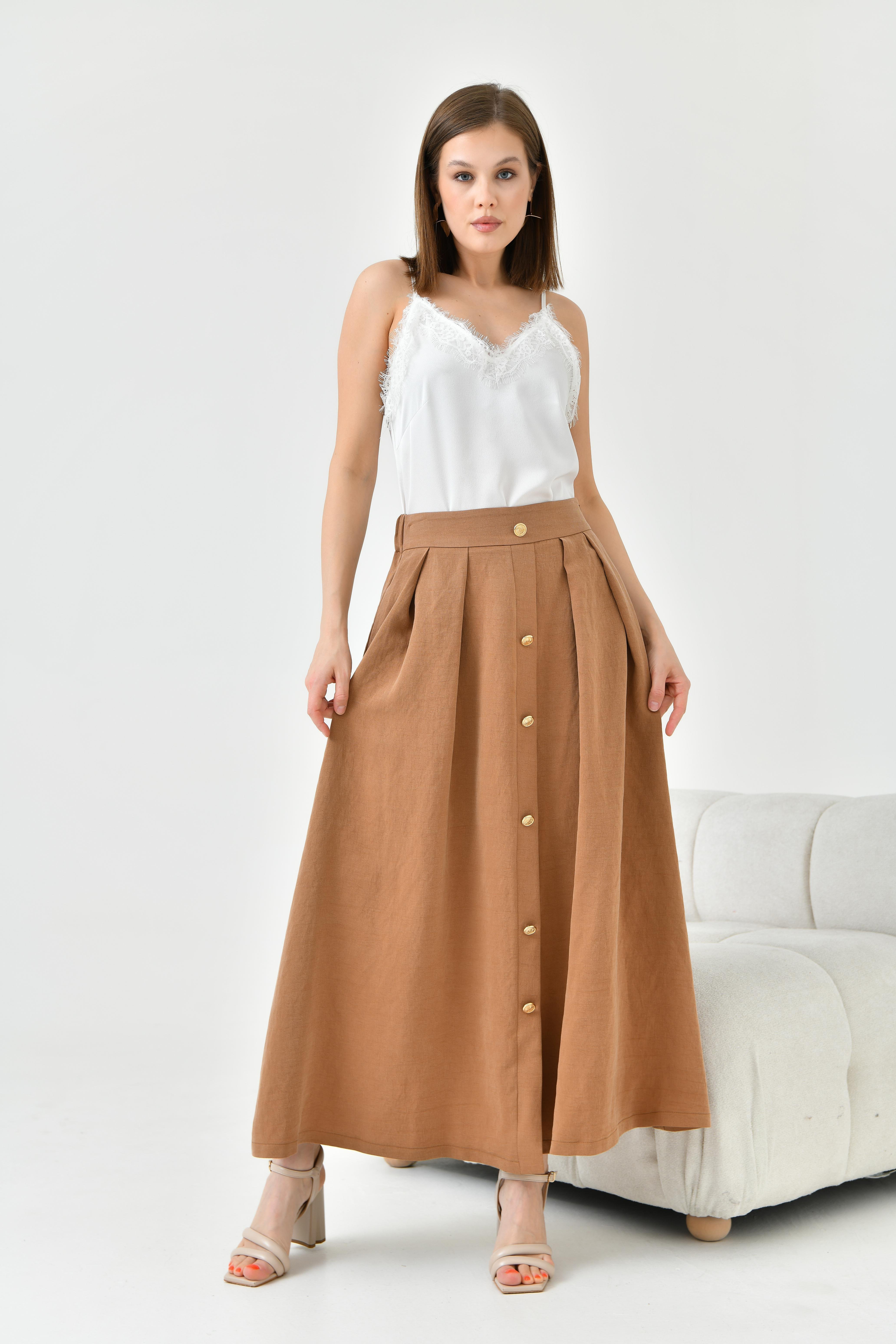 FTZ Women Kadın Düğmeli Etek Kakao 30819