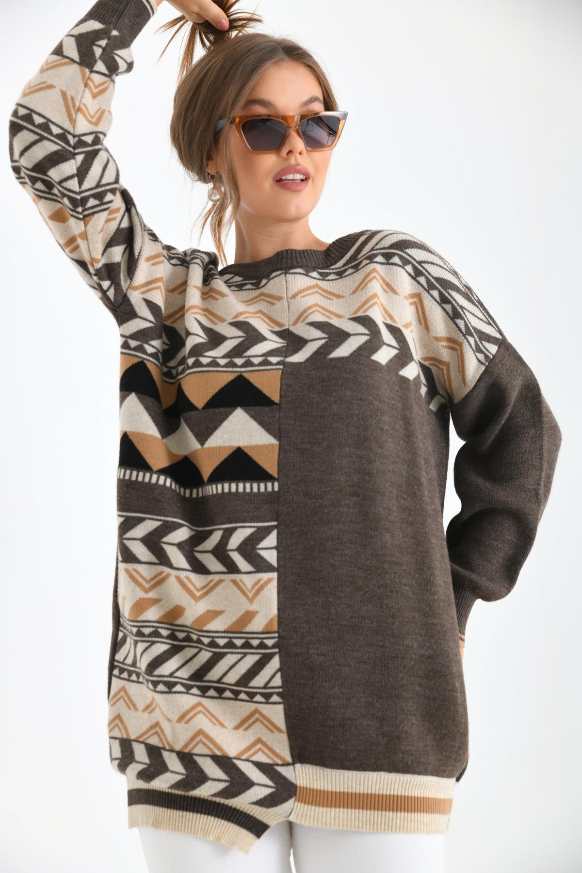 FTZ Women Kadın Etnik Desen Bluz  Kahve 21-6269