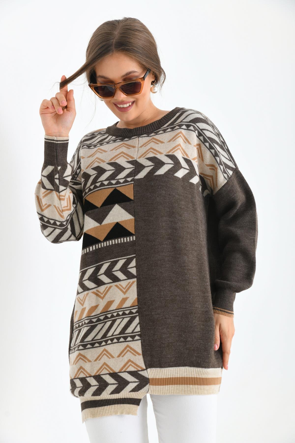 FTZ Women Kadın Etnik Desen Bluz  Kahve 21-6269