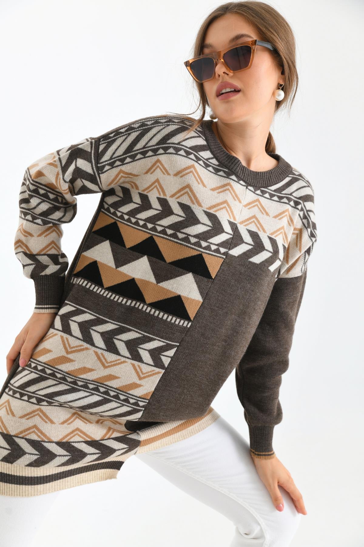 FTZ Women Kadın Etnik Desen Bluz  Kahve 21-6269