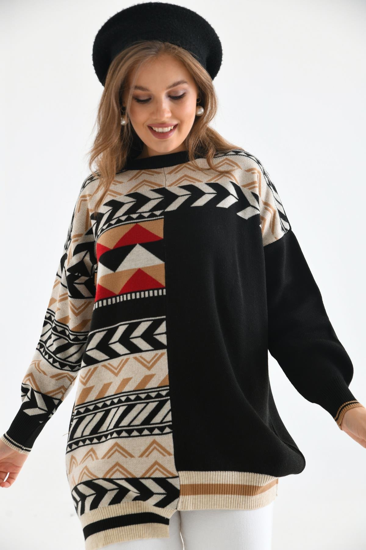 FTZ Women Kadın Etnik Desen Bluz  Siyah 21-6269