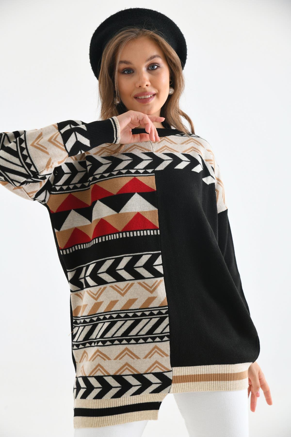 FTZ Women Kadın Etnik Desen Bluz  Siyah 21-6269