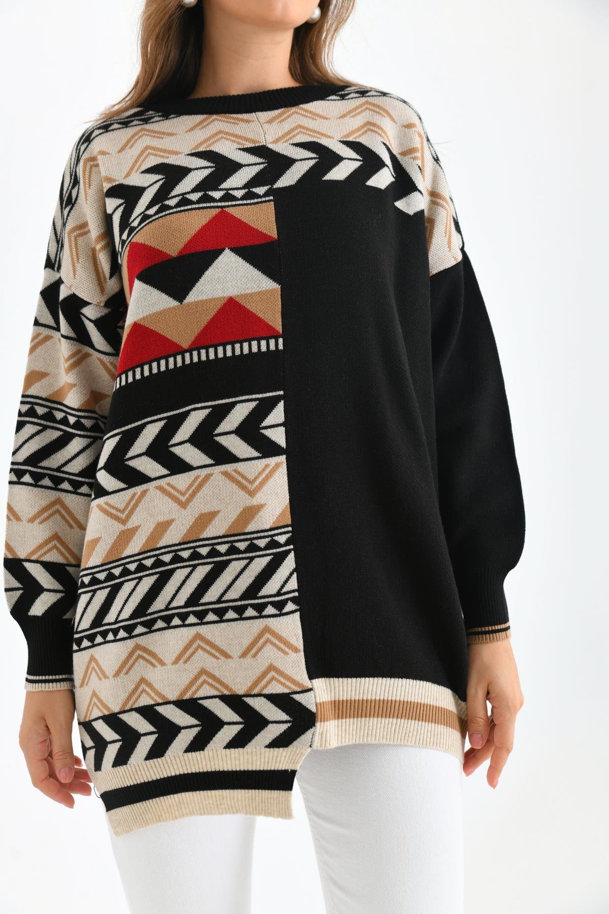 FTZ Women Kadın Etnik Desen Bluz  Siyah 21-6269