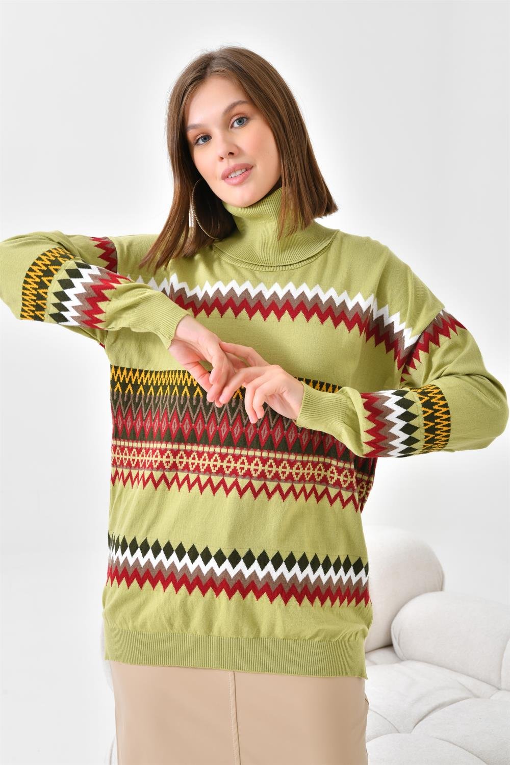 Ftz Women Kadın Etnik Desenli Bluz Su Yeşili