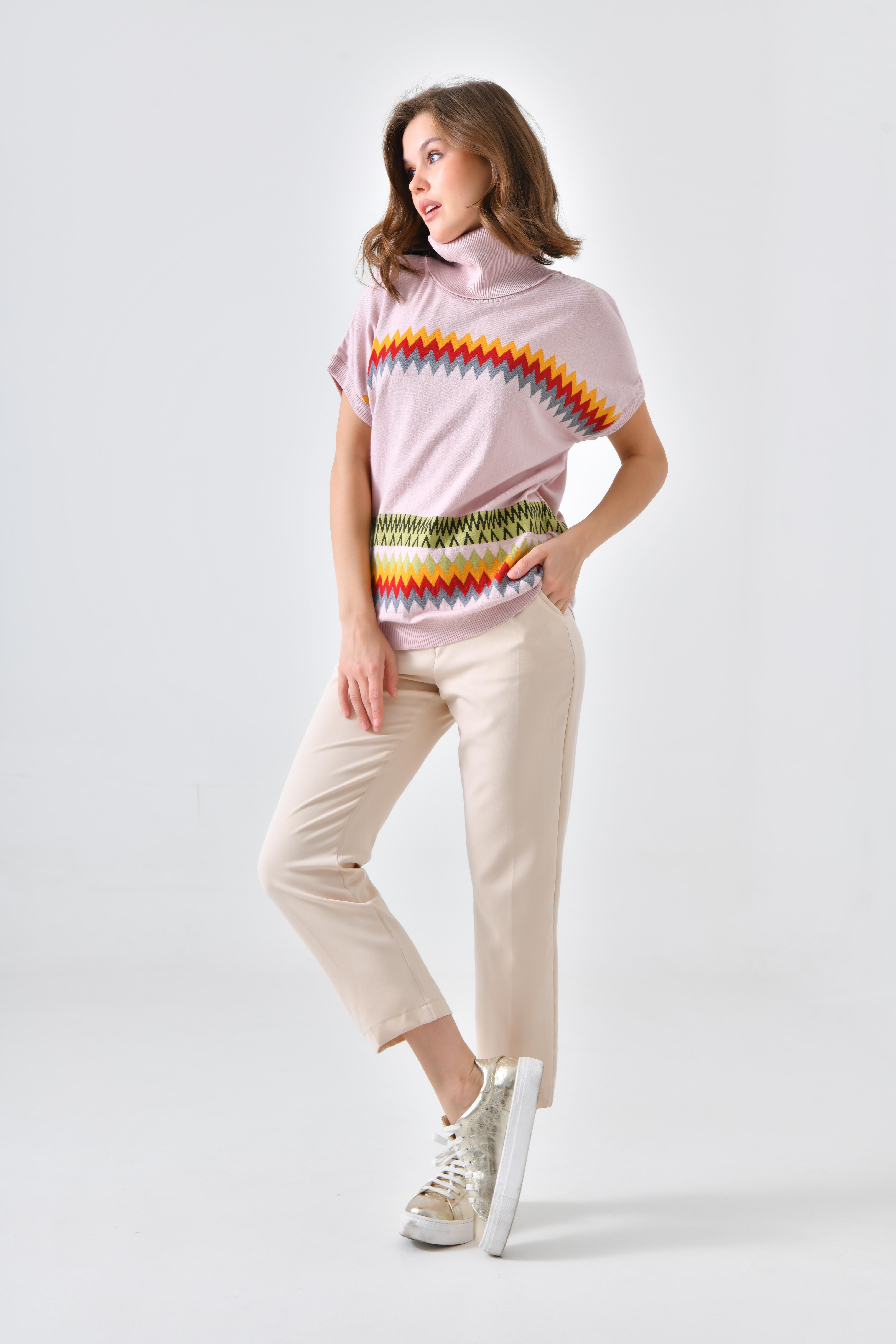 FTZ Women Kadın Etnik Desenli Süveter  Pudra 20073