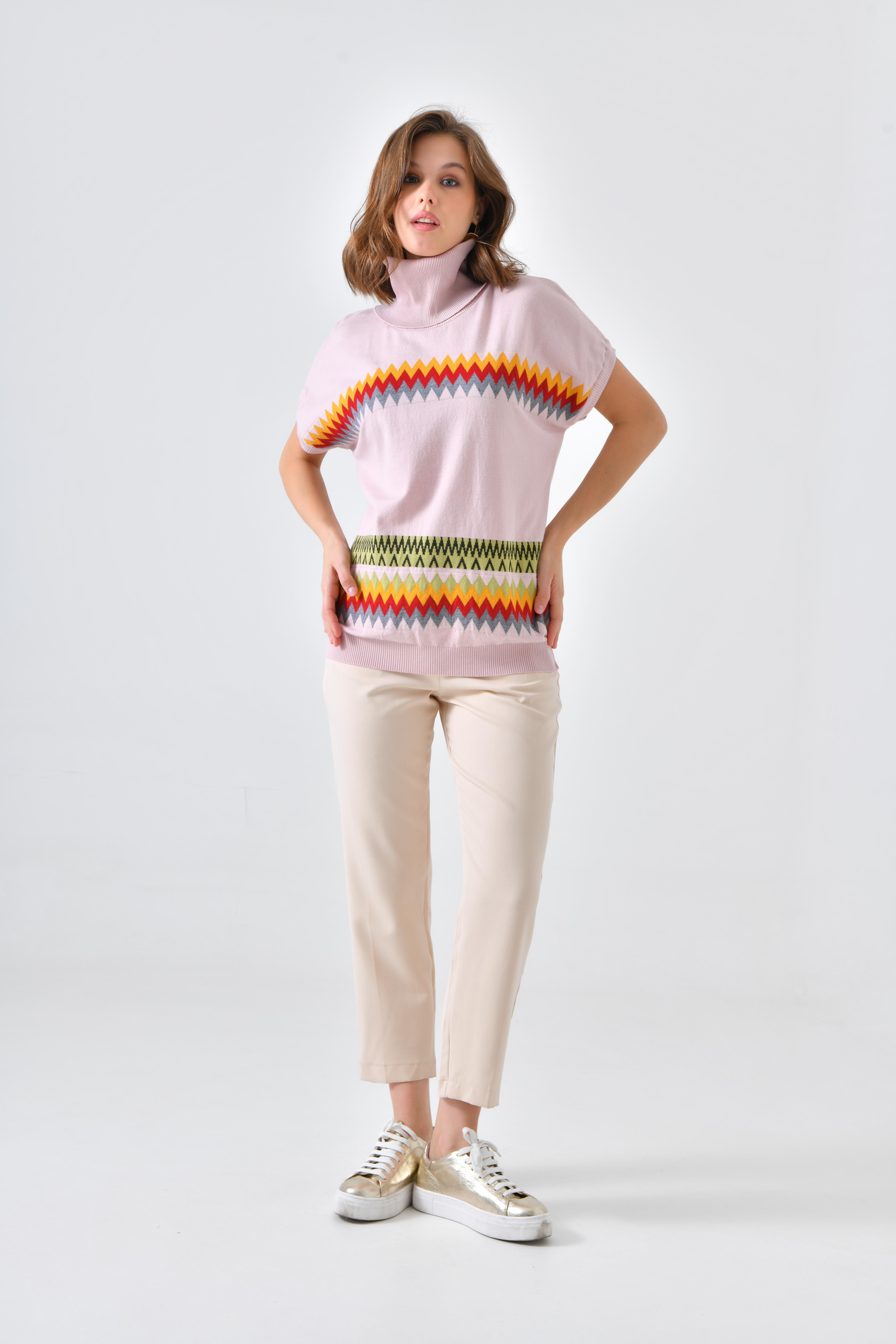 FTZ Women Kadın Etnik Desenli Süveter  Pudra 20073