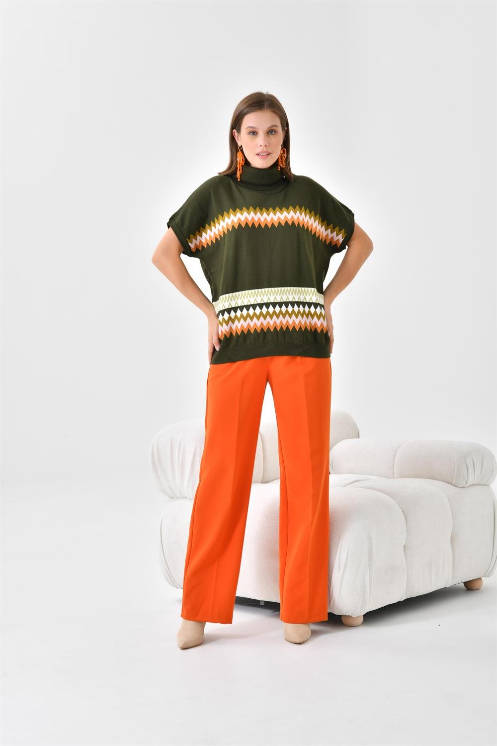 Ftz Women Kadın Etnik Desenli Süveter Haki