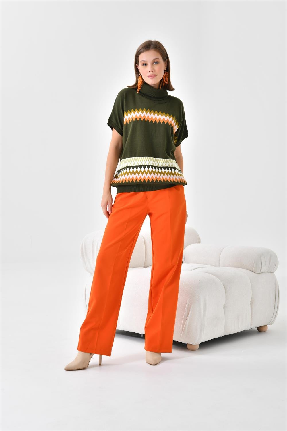 Ftz Women Kadın Etnik Desenli Süveter Haki