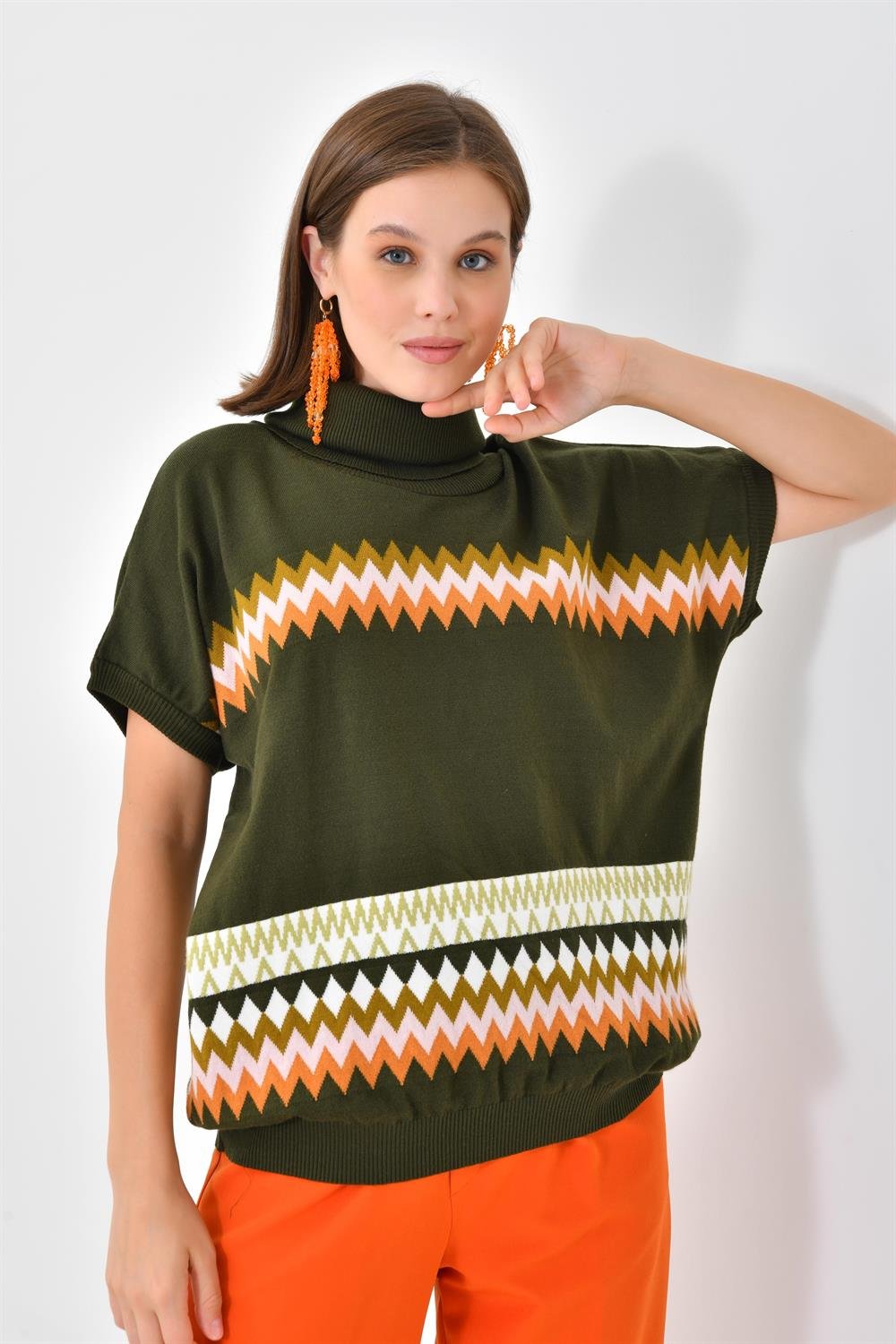 Ftz Women Kadın Etnik Desenli Süveter Haki