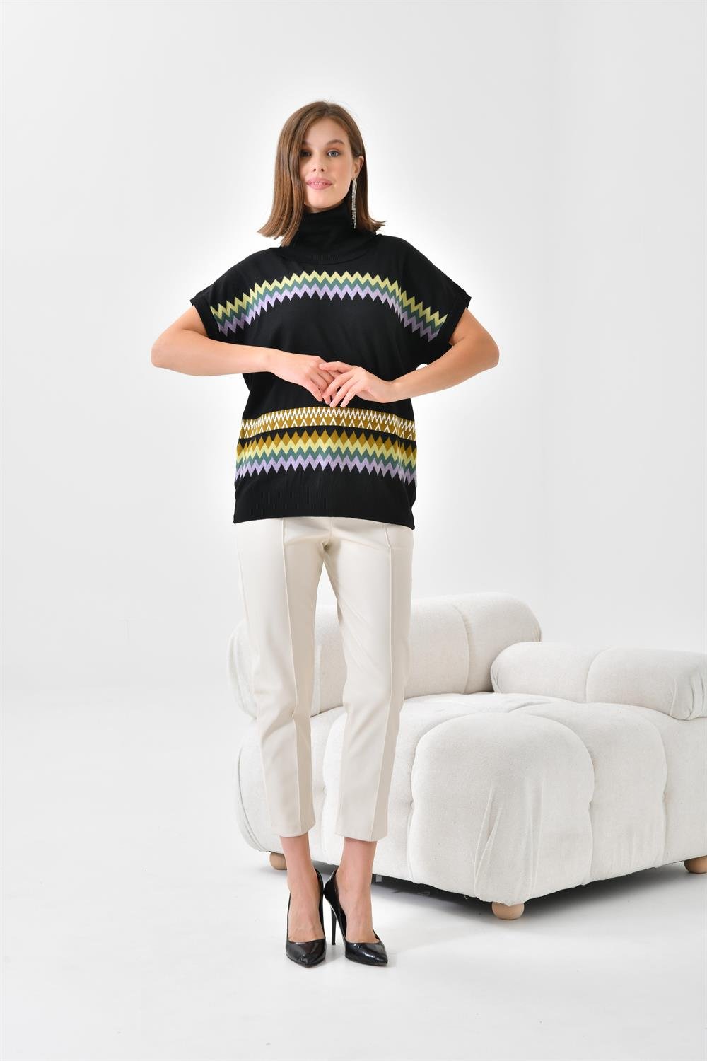 Ftz Women Kadın Etnik Desenli Süveter Siyah