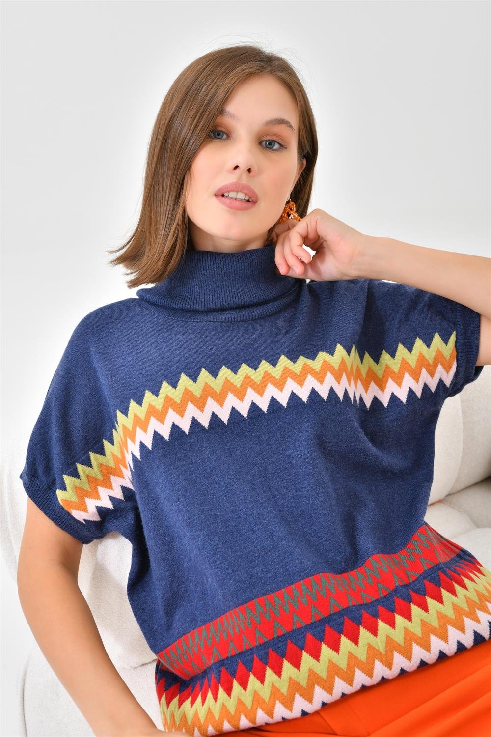 Ftz Women Kadın Etnik Desenli Süveter İndigo