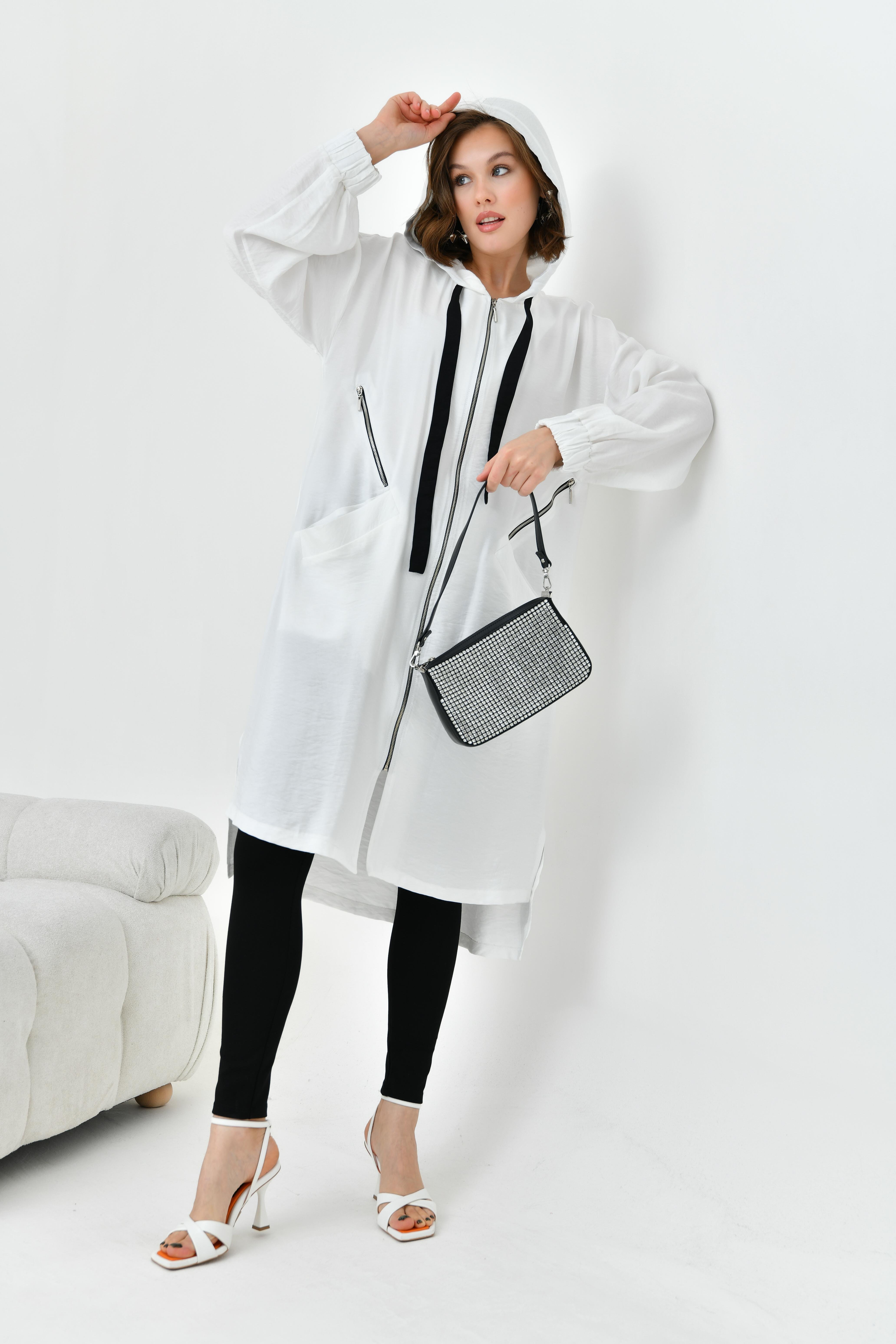 FTZ Women Kadın Fermuarlı Kapişonlu Kap  Ekru 30754