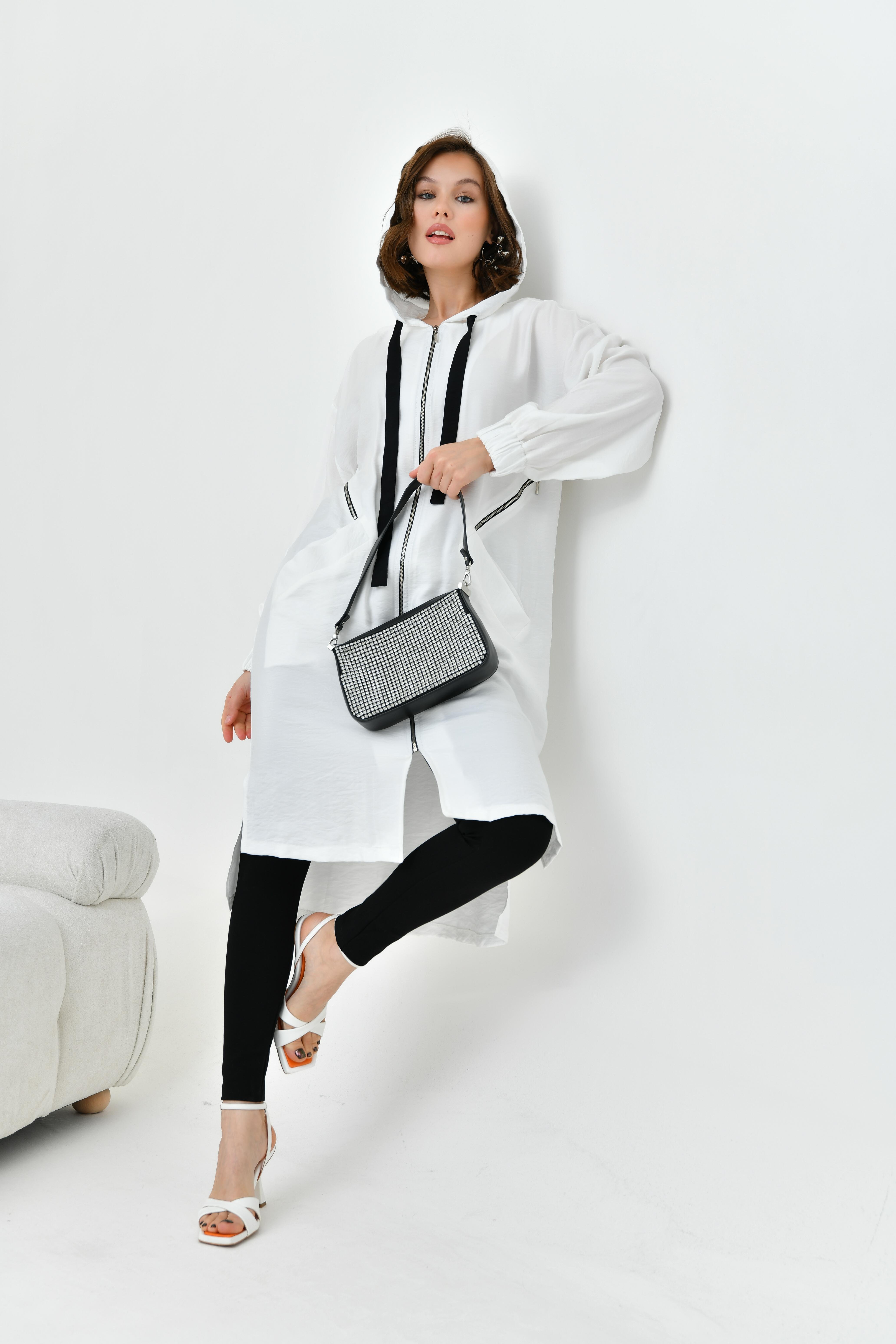 FTZ Women Kadın Fermuarlı Kapişonlu Kap  Ekru 30754