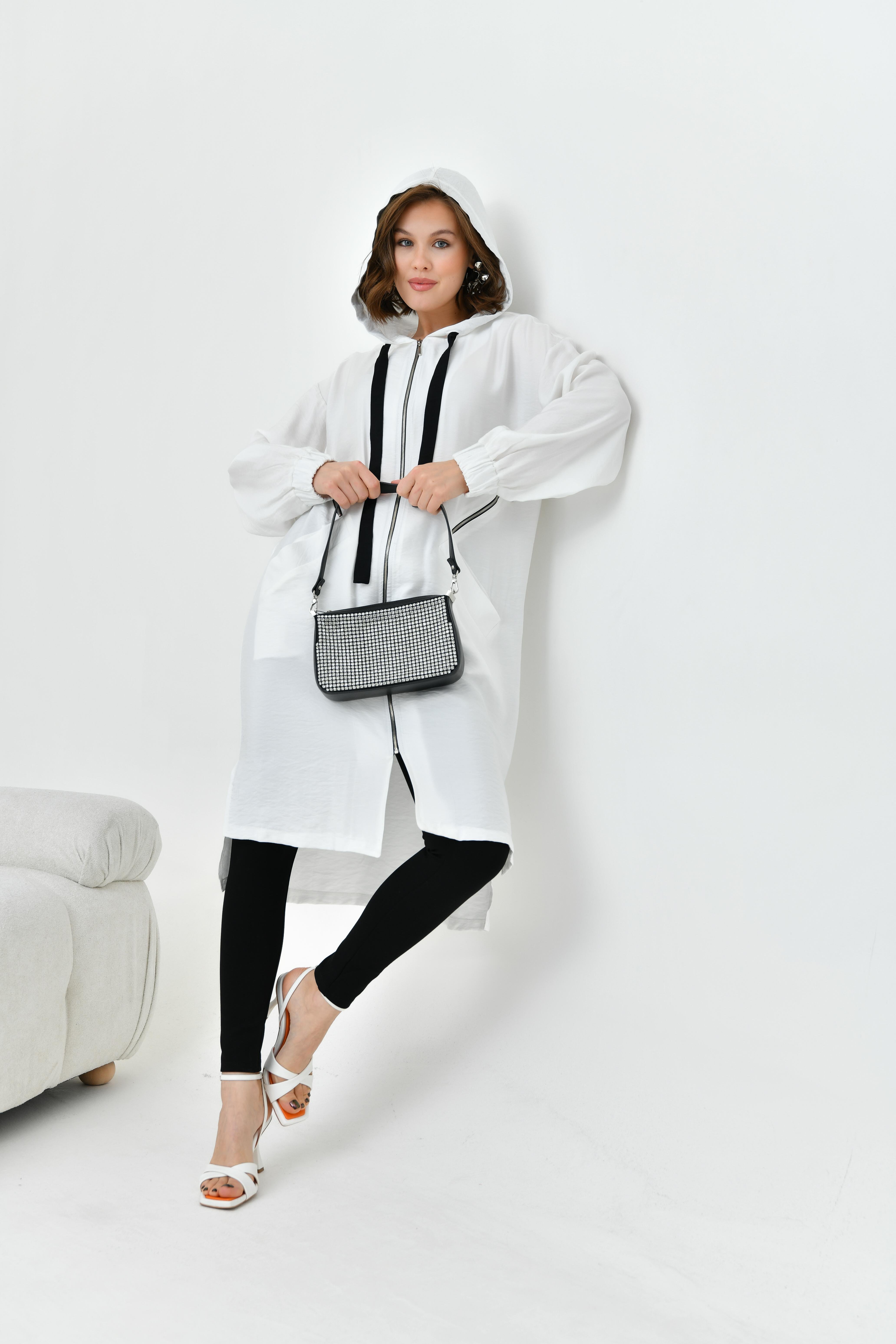 FTZ Women Kadın Fermuarlı Kapişonlu Kap  Ekru 30754