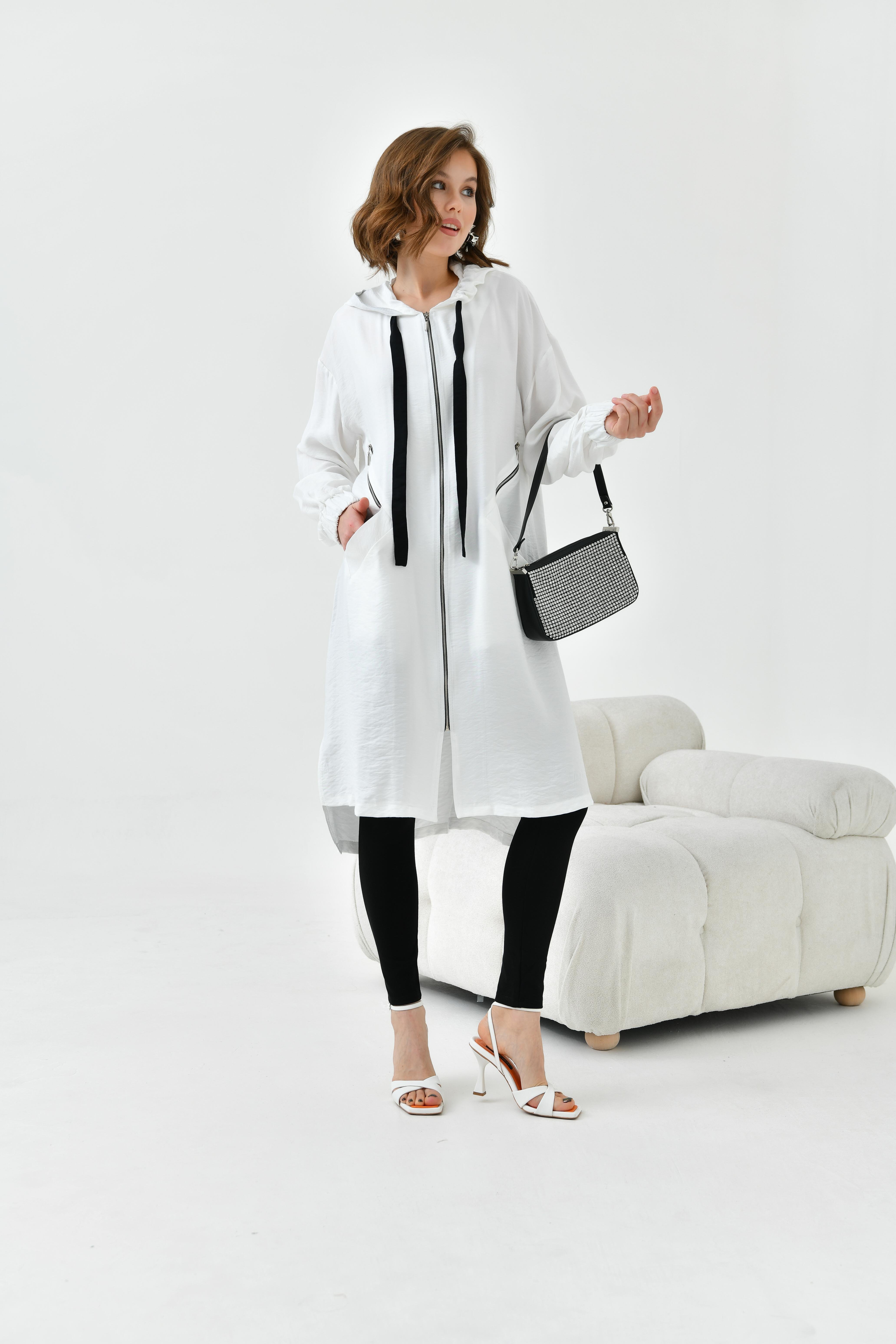 FTZ Women Kadın Fermuarlı Kapişonlu Kap  Ekru 30754