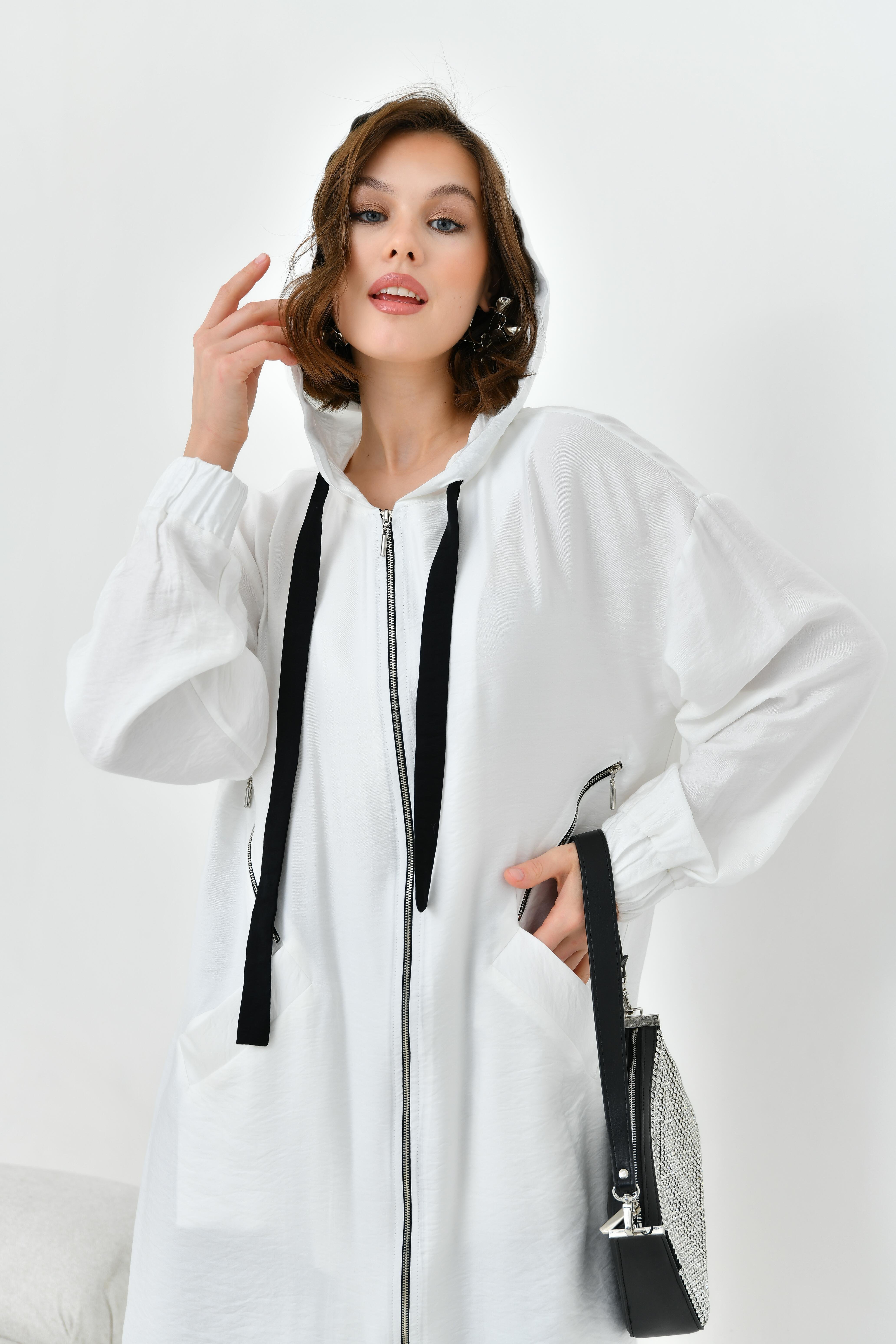 FTZ Women Kadın Fermuarlı Kapişonlu Kap  Ekru 30754