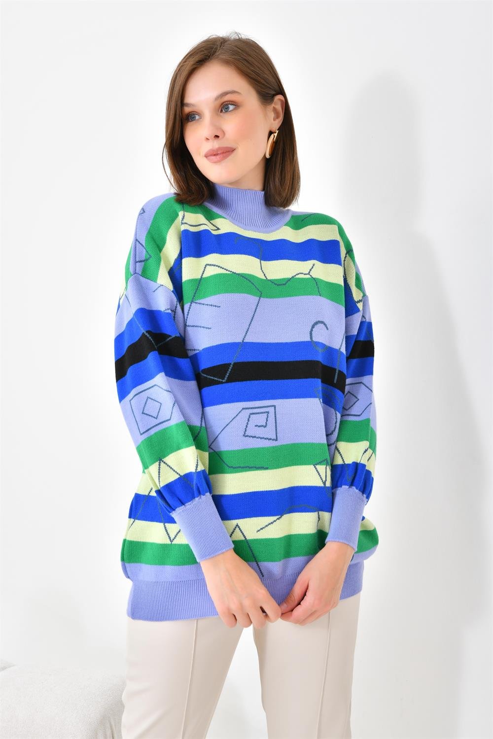 Ftz Women Kadın Geometrik Desenli Kazak Lila