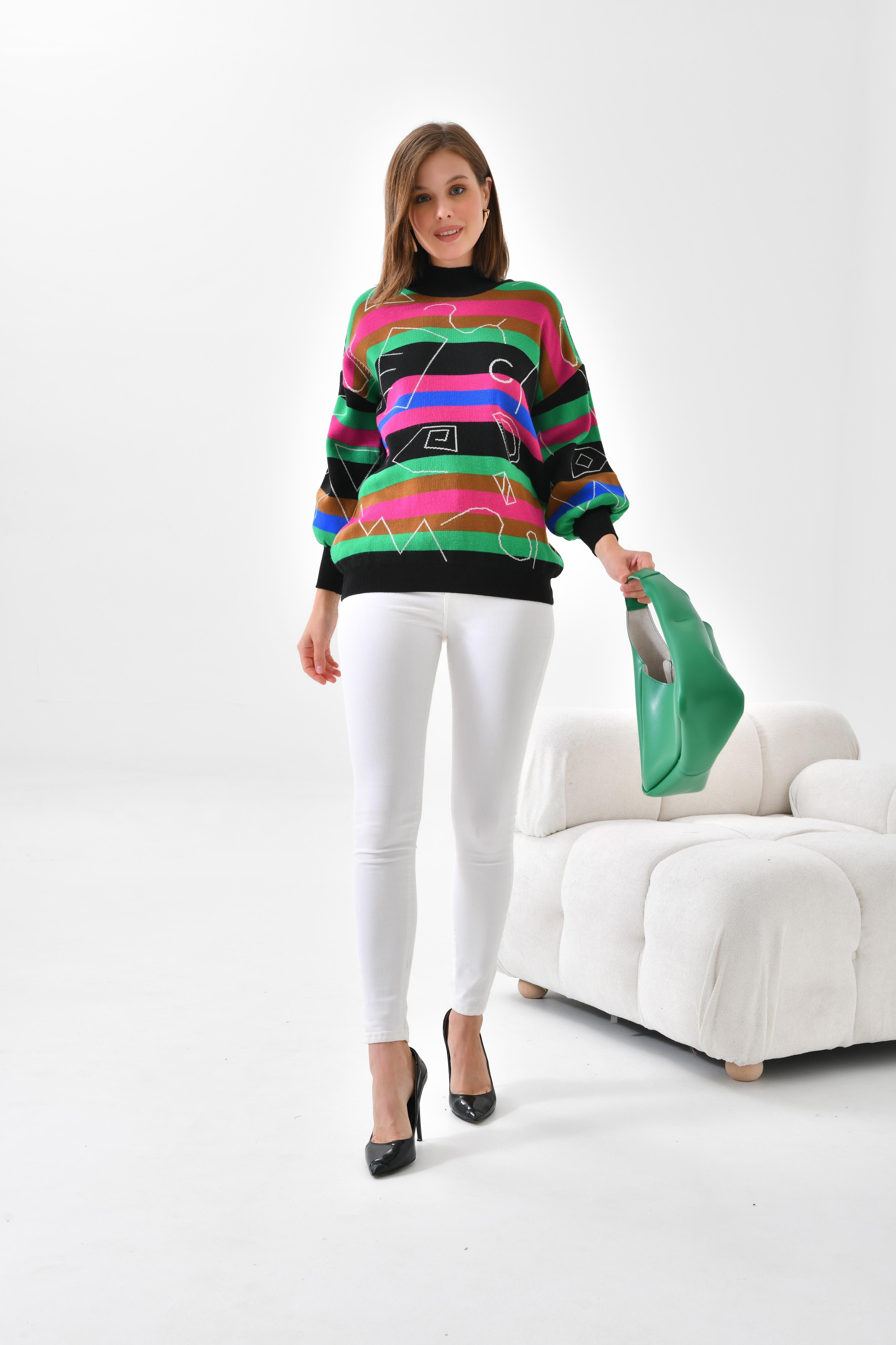 FTZ Women Kadın Geometrik Desenli Kazak  Siyah 20109