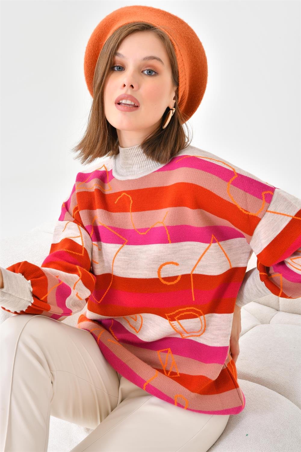 Ftz Women Kadın Geometrik Desenli Kazak Taş