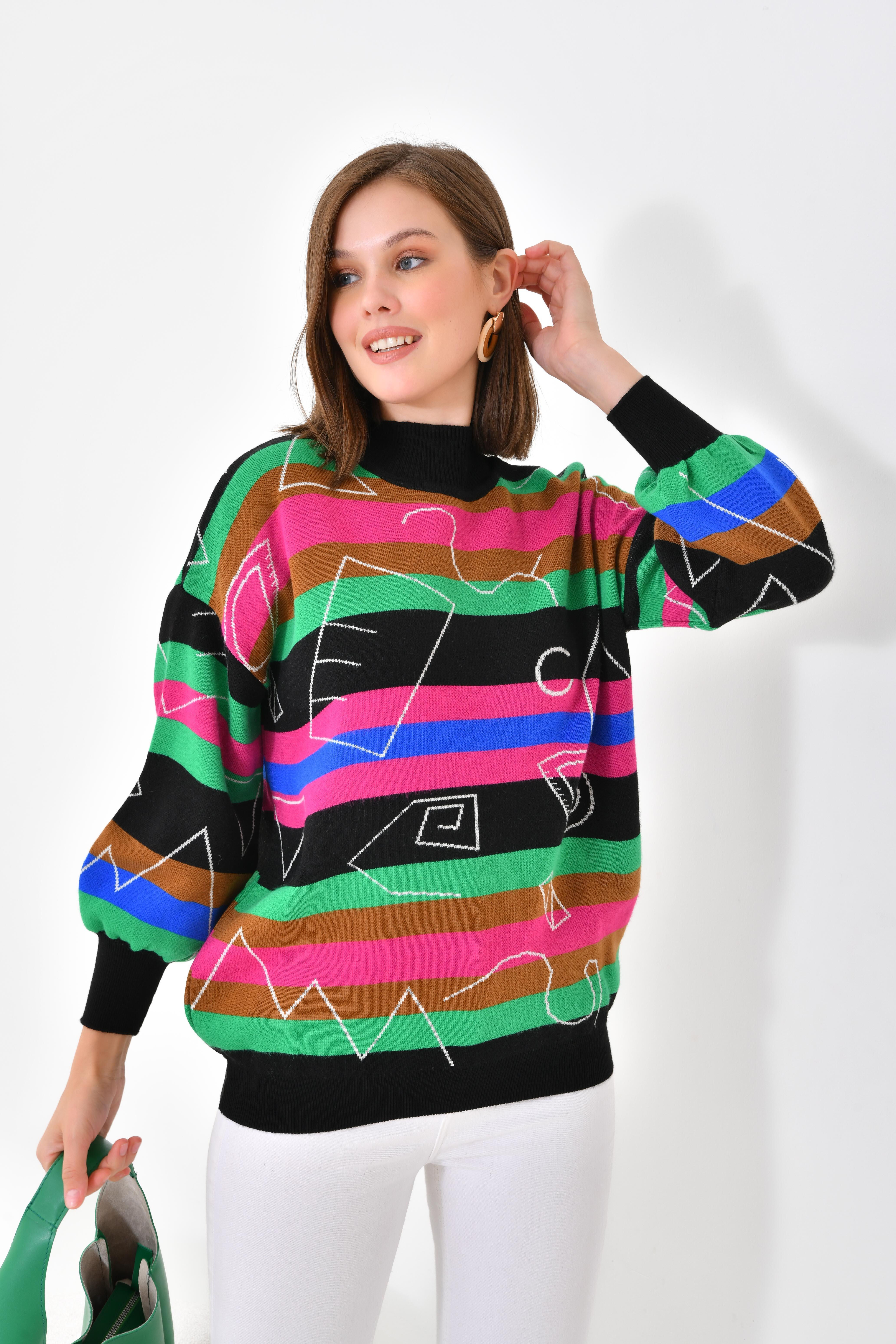 FTZ Women Kadın Geometrik Desenli Kazak  Siyah 20109