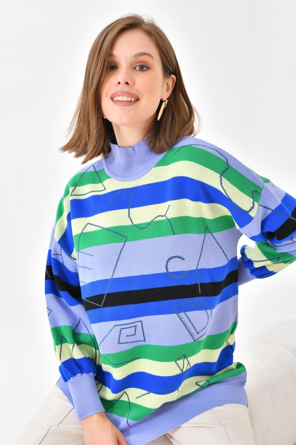 Ftz Women Kadın Geometrik Desenli Kazak Lila