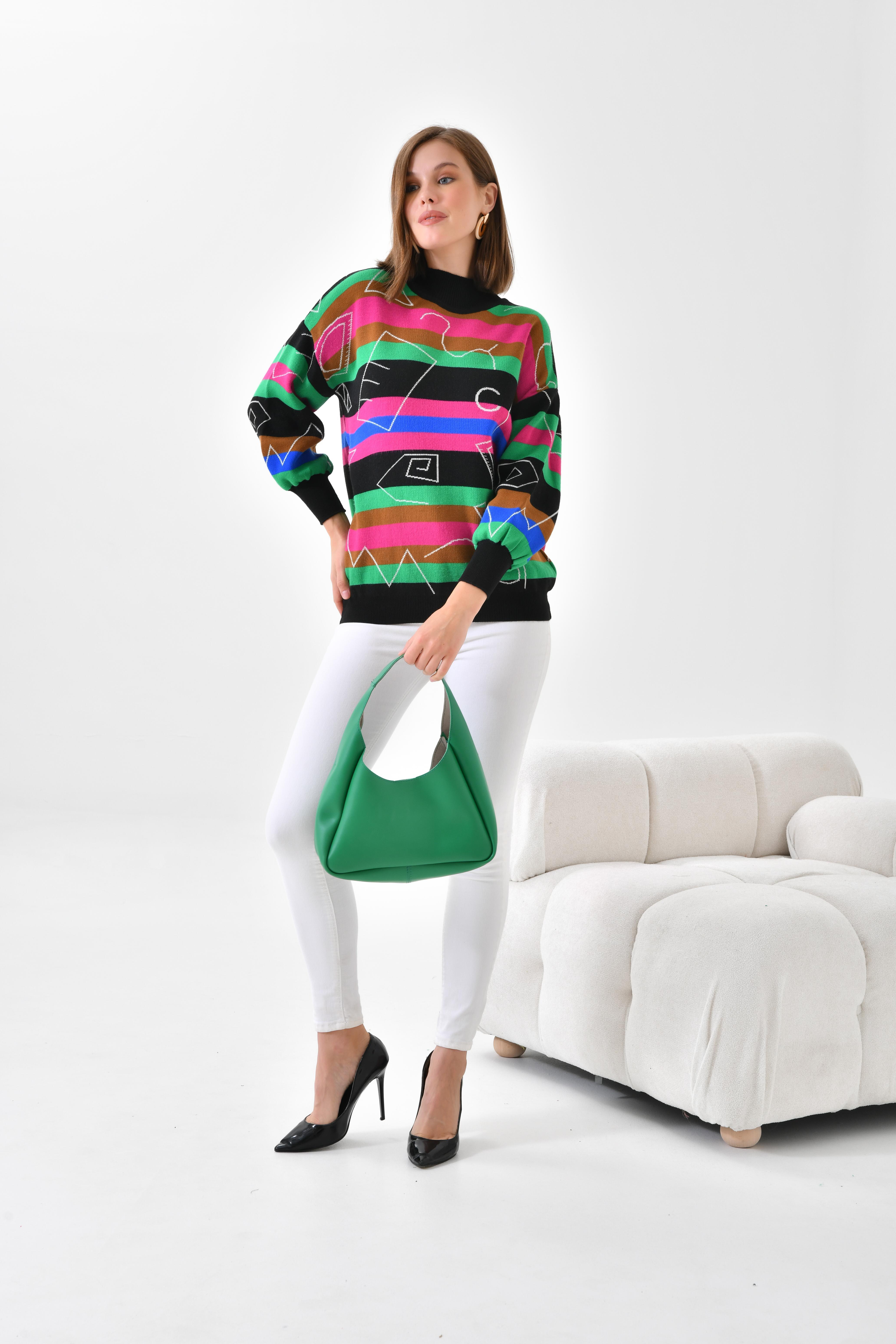 FTZ Women Kadın Geometrik Desenli Kazak  Siyah 20109