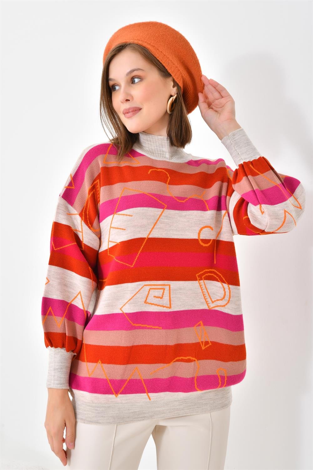 Ftz Women Kadın Geometrik Desenli Kazak Taş