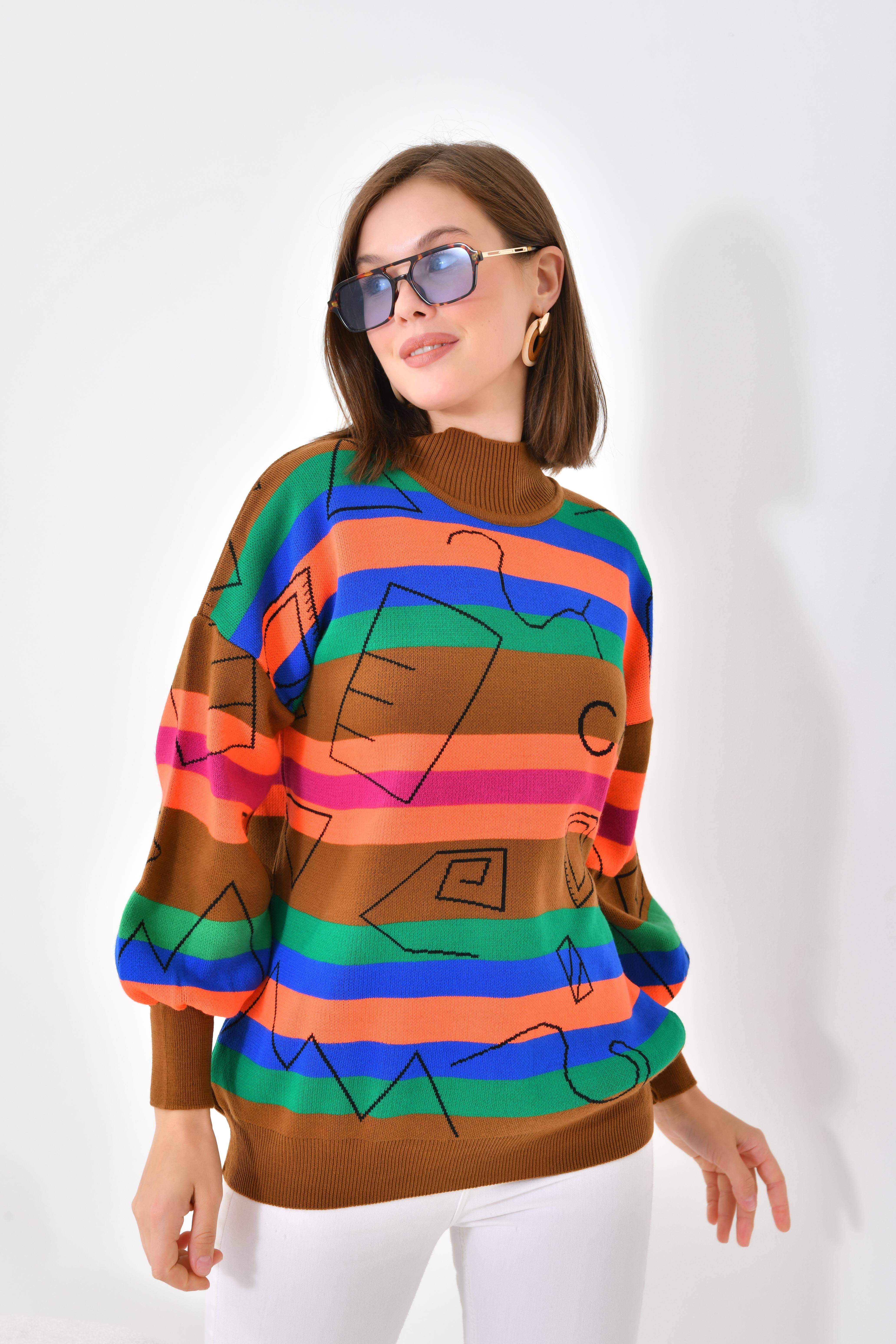 FTZ Women Kadın Geometrik Desenli Kazak  Taba 20109