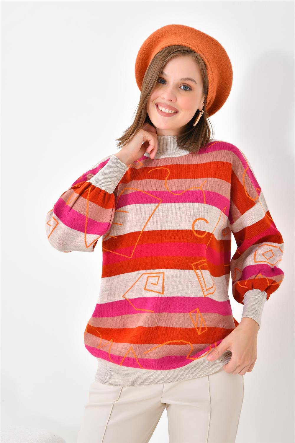 Ftz Women Kadın Geometrik Desenli Kazak Taş