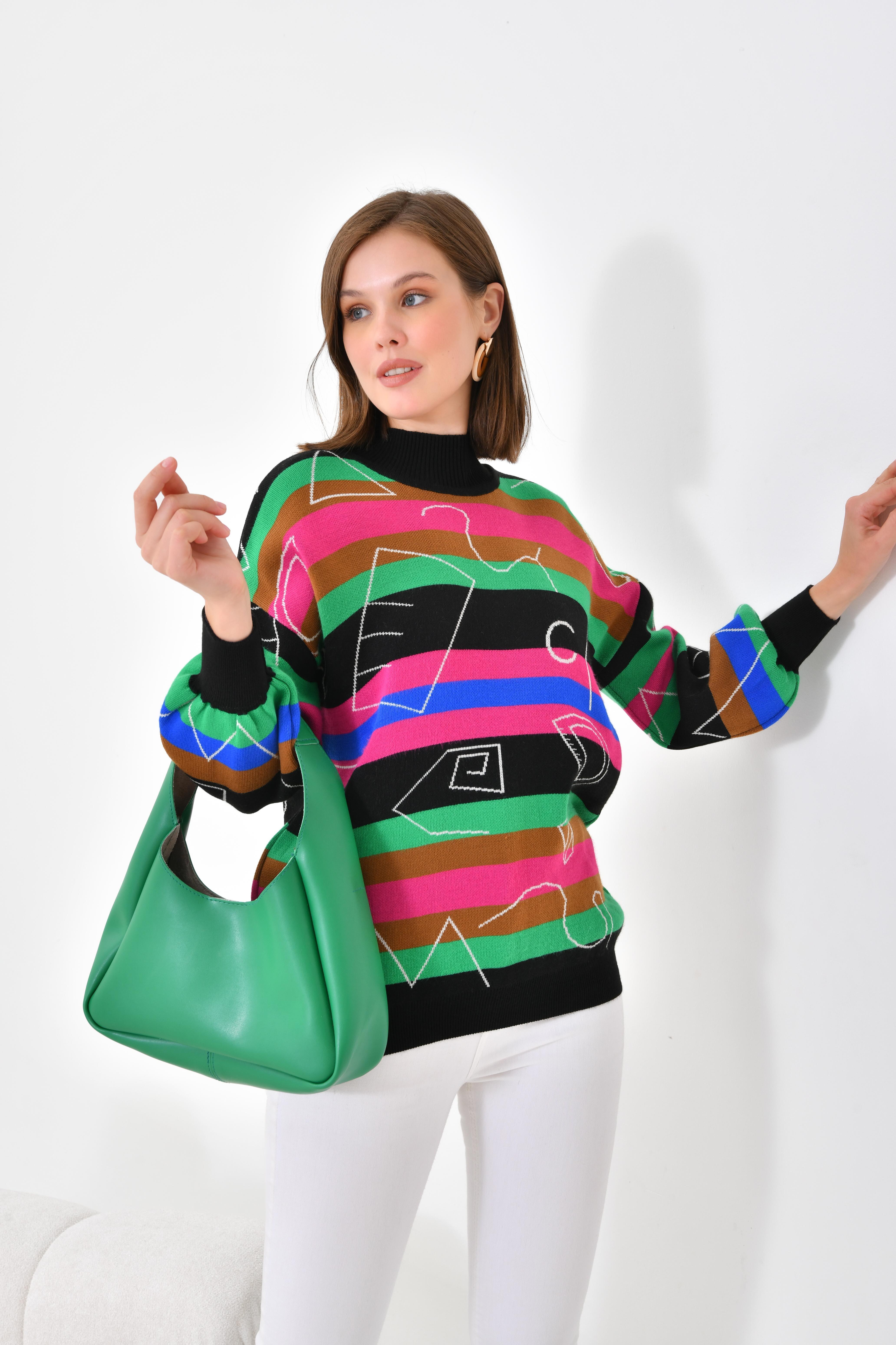 FTZ Women Kadın Geometrik Desenli Kazak  Siyah 20109