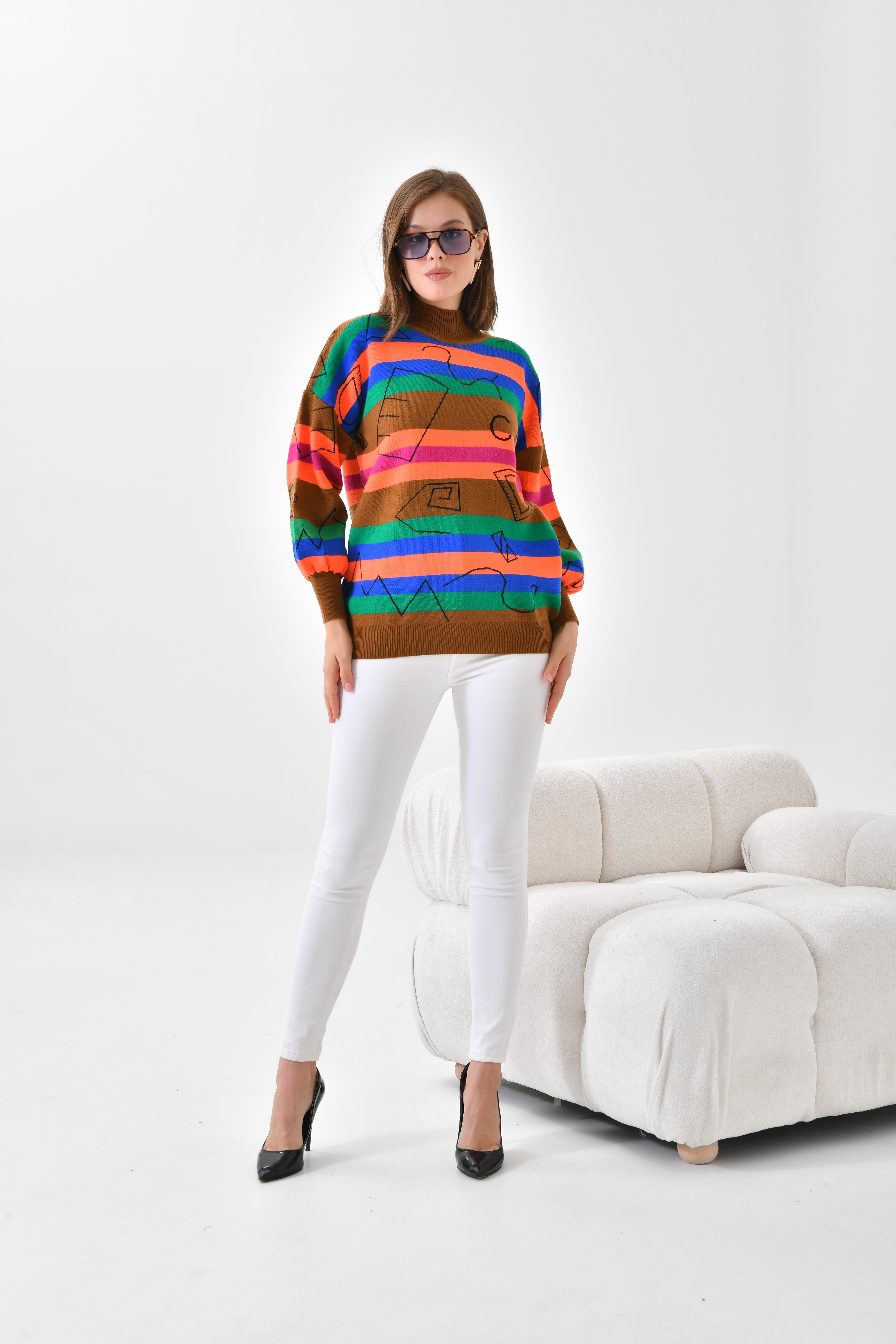 FTZ Women Kadın Geometrik Desenli Kazak  Taba 20109