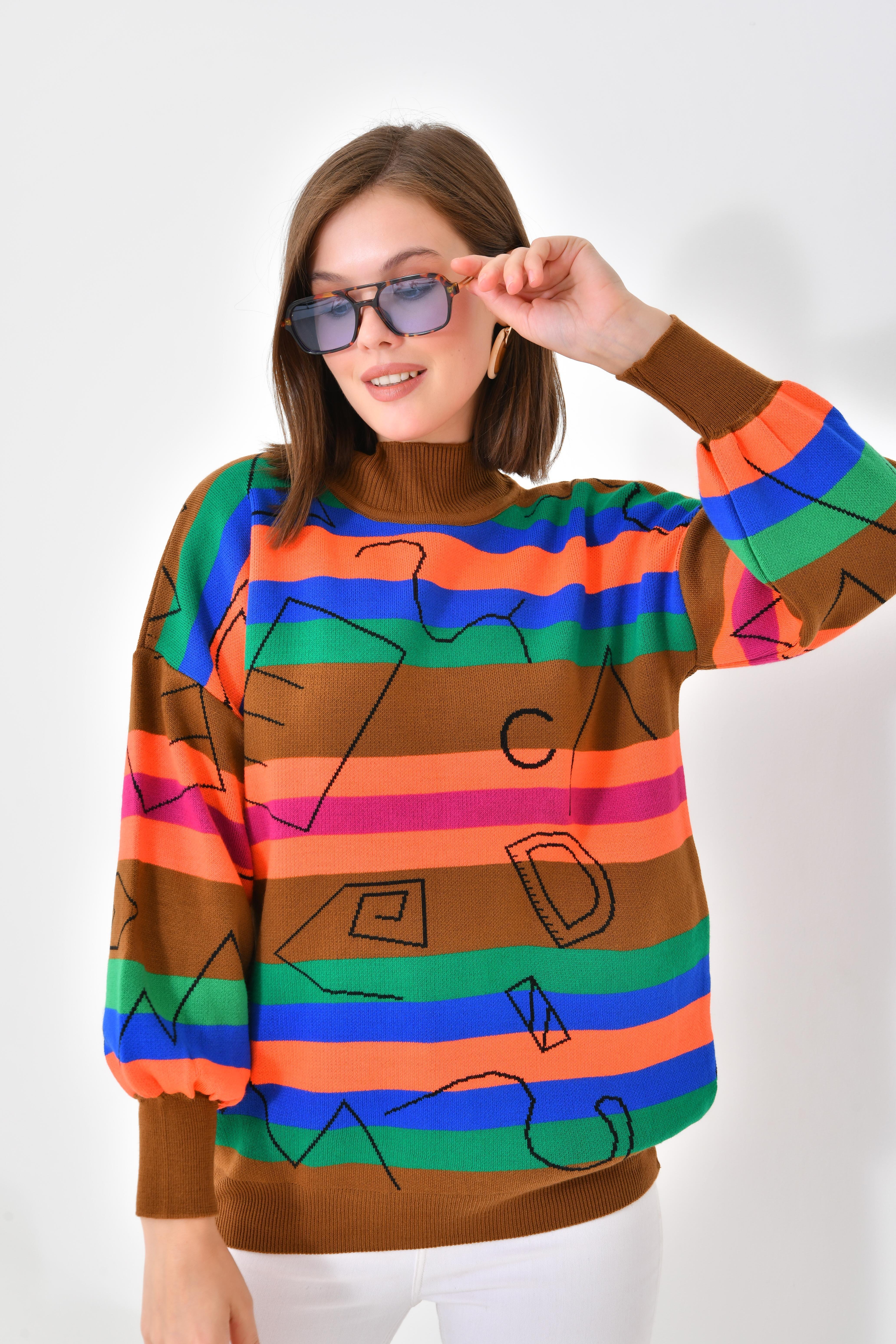 FTZ Women Kadın Geometrik Desenli Kazak  Taba 20109