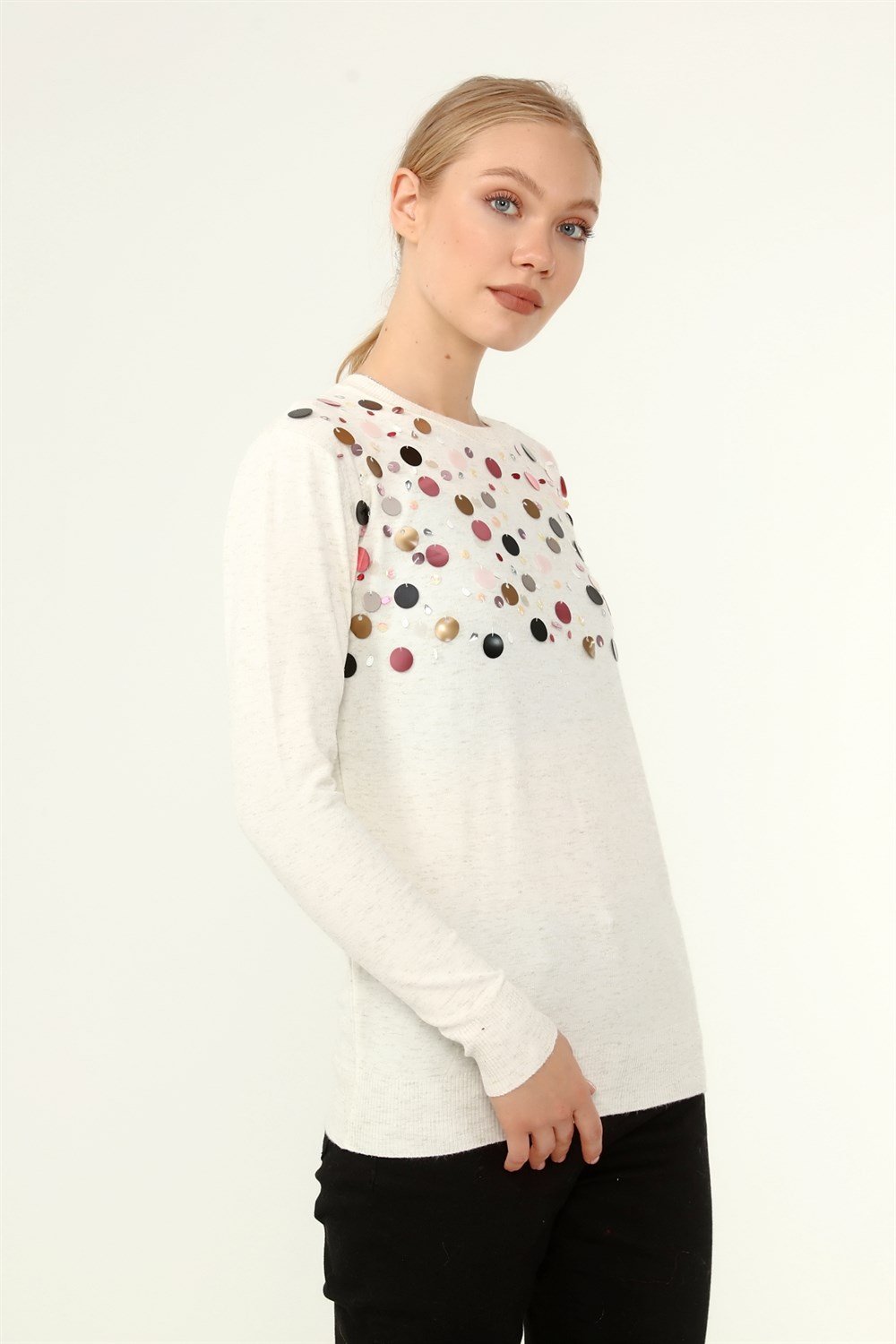 FTZ Women Kadın Göğüs Boncuk Detay Kazak KEMİK