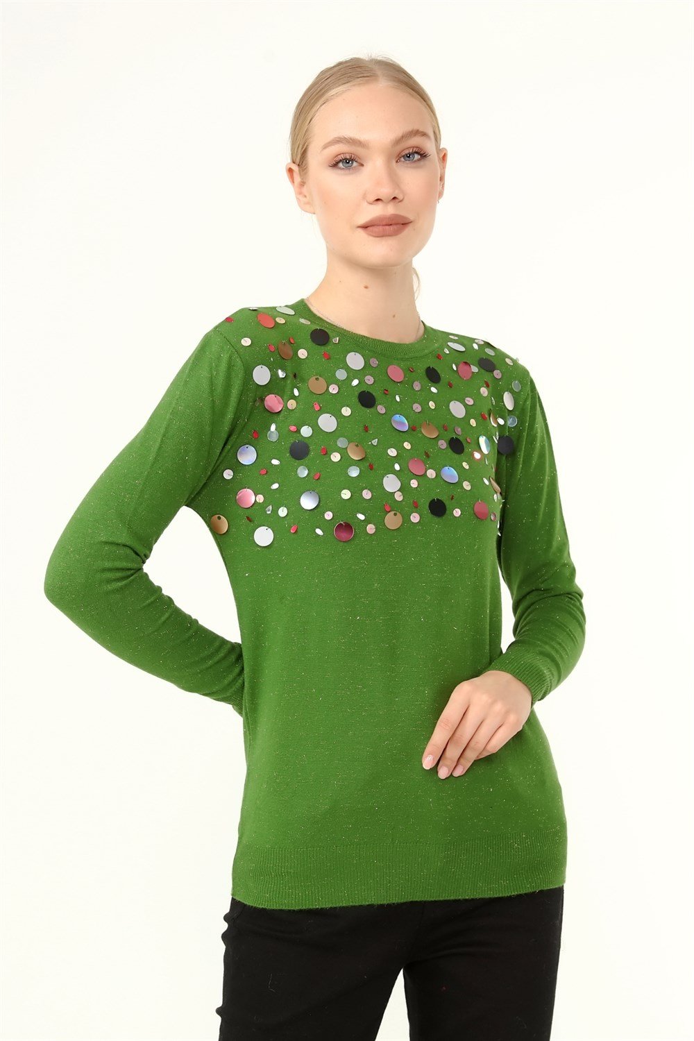 FTZ Women Kadın Göğüs Boncuk Detay Kazak YEŞİL