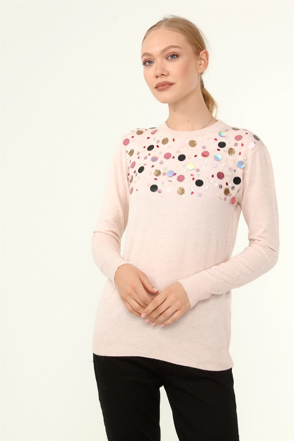 FTZ Women Kadın Göğüs Boncuk Detay Kazak PUDRA