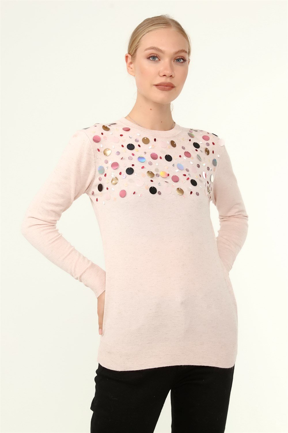 FTZ Women Kadın Göğüs Boncuk Detay Kazak PUDRA