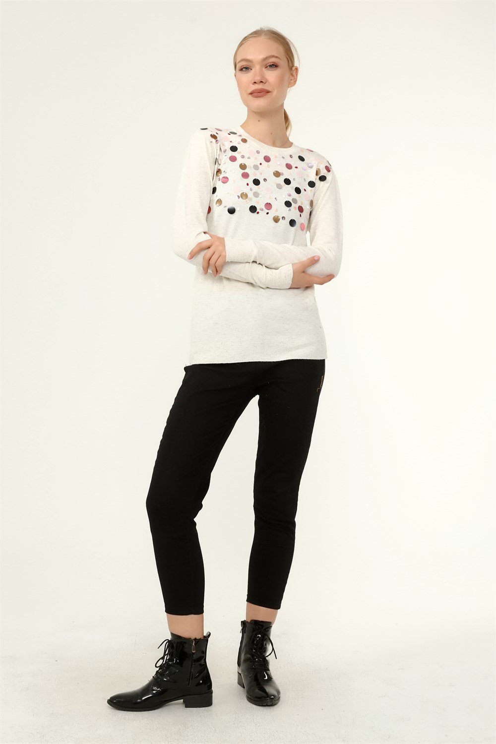 FTZ Women Kadın Göğüs Boncuk Detay Kazak KEMİK