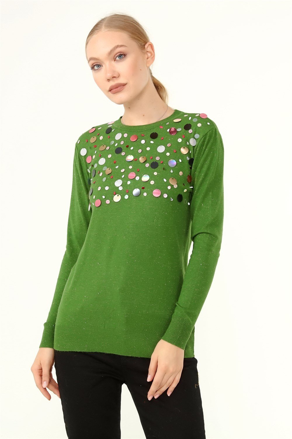 FTZ Women Kadın Göğüs Boncuk Detay Kazak YEŞİL