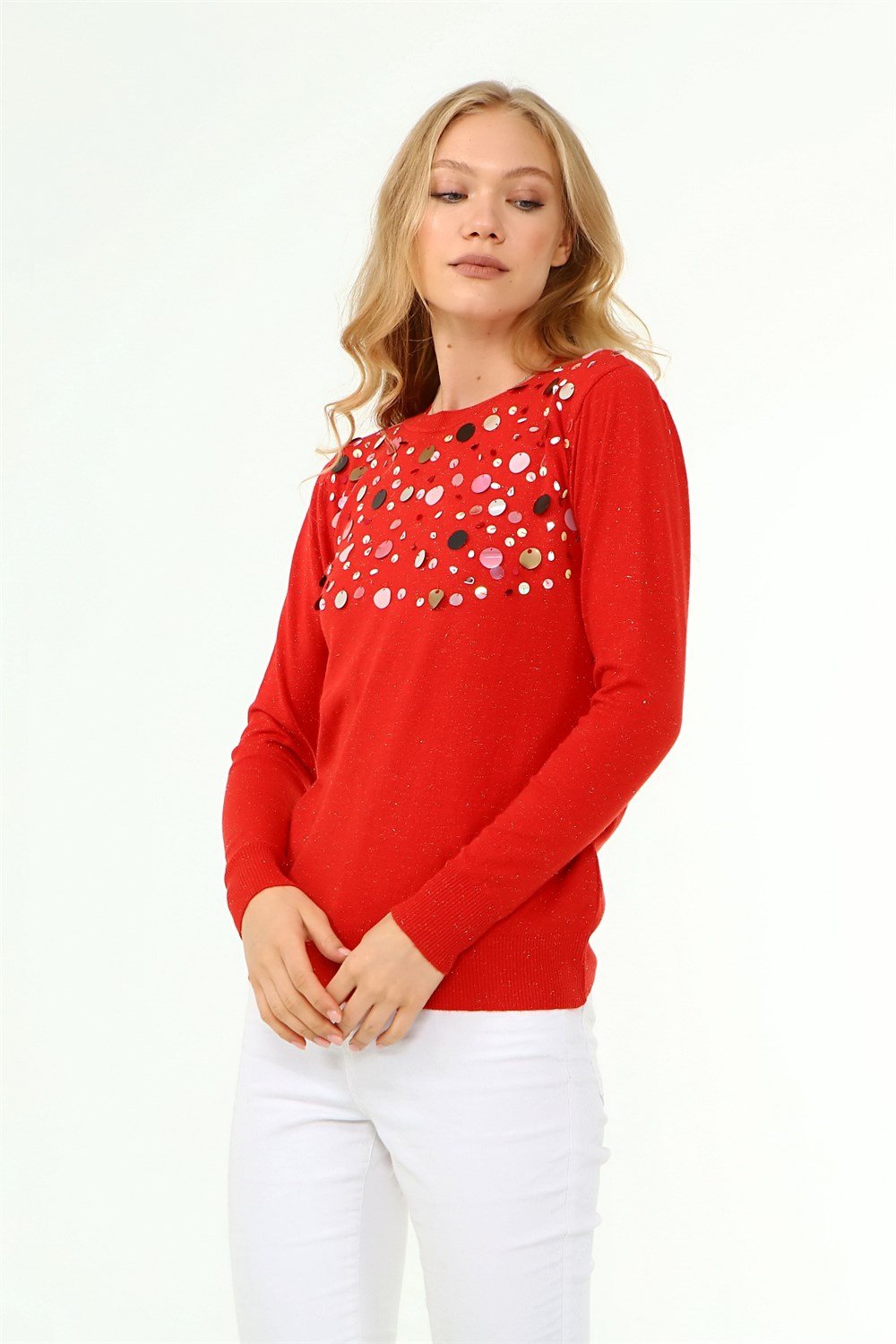 FTZ Women Kadın Göğüs Boncuk Detay Kazak KIRMIZI