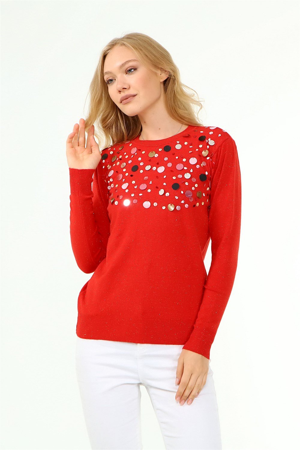 FTZ Women Kadın Göğüs Boncuk Detay Kazak KIRMIZI