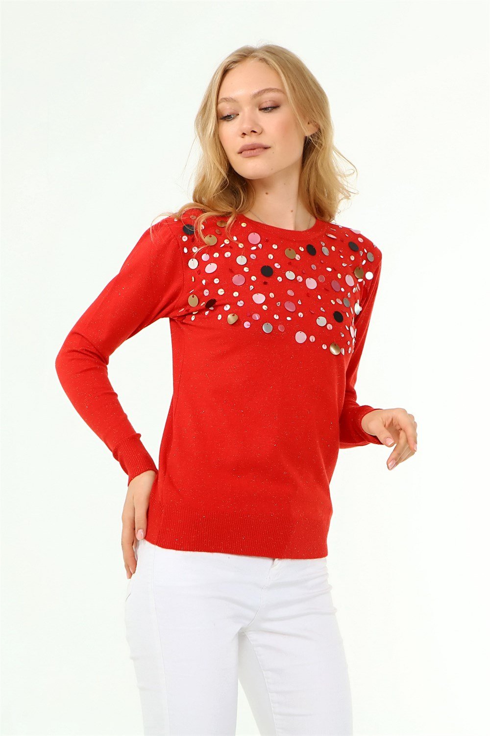 FTZ Women Kadın Göğüs Boncuk Detay Kazak KIRMIZI