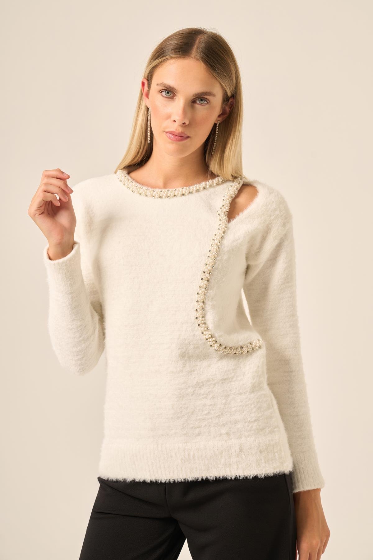 FTZ Women Kadın İnci Detay Kazak  Ekru 25061