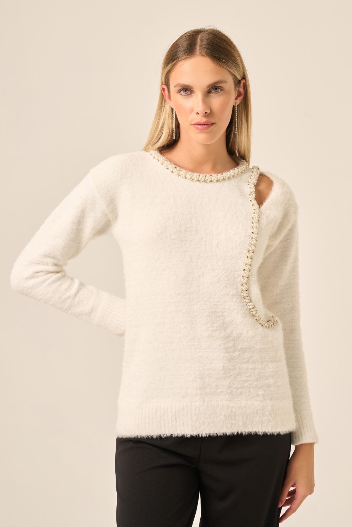 FTZ Women Kadın İnci Detay Kazak  Ekru 25061