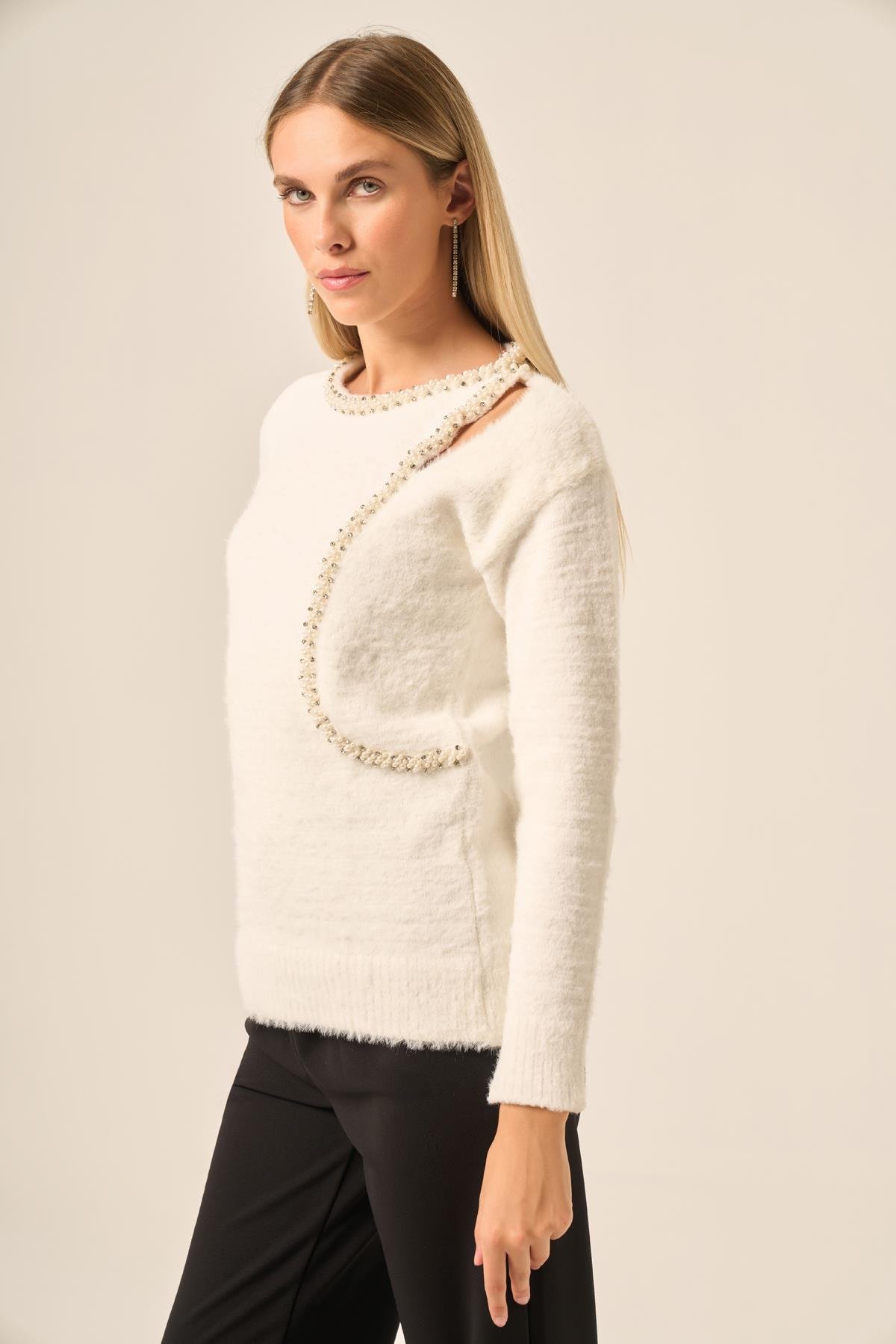 FTZ Women Kadın İnci Detay Kazak  Ekru 25061