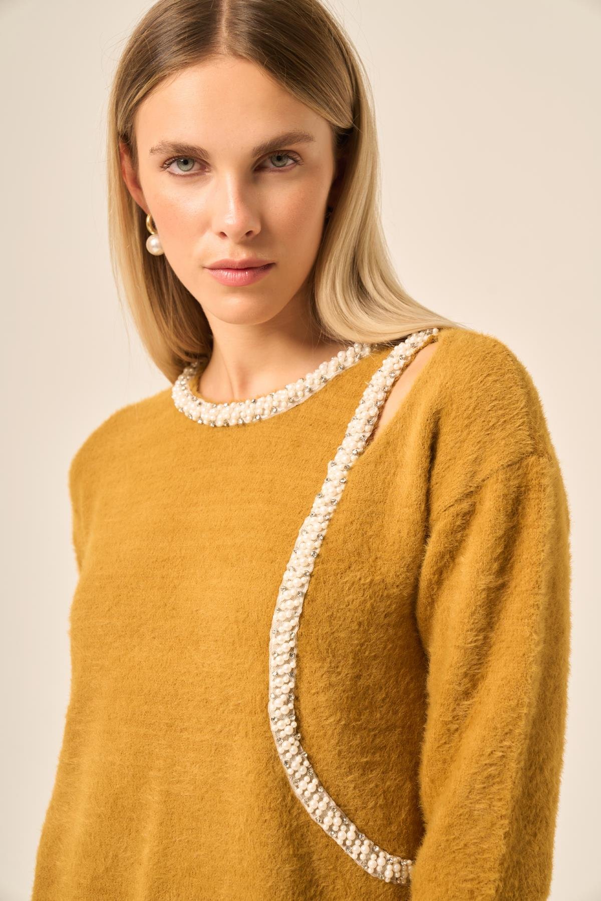 FTZ Women Kadın İnci Detay Kazak  Hardal 25061