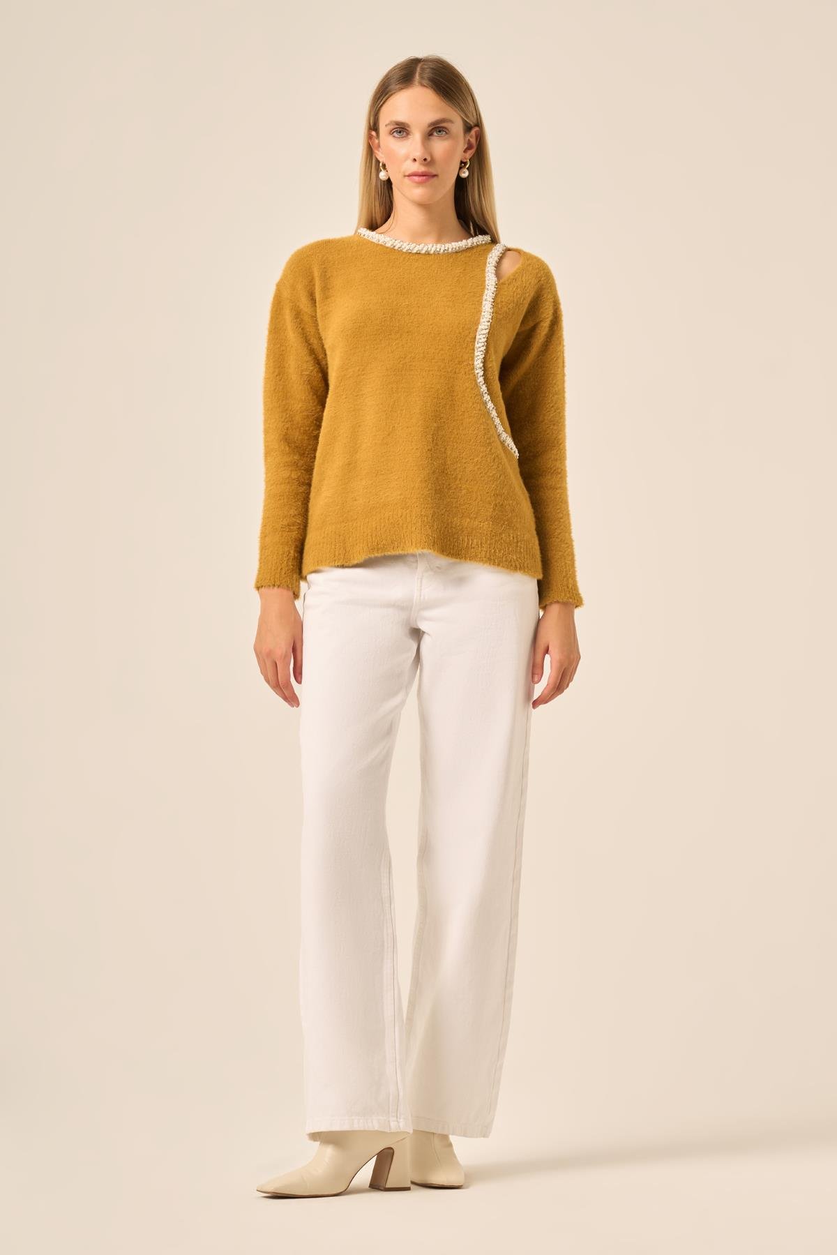 FTZ Women Kadın İnci Detay Kazak  Hardal 25061