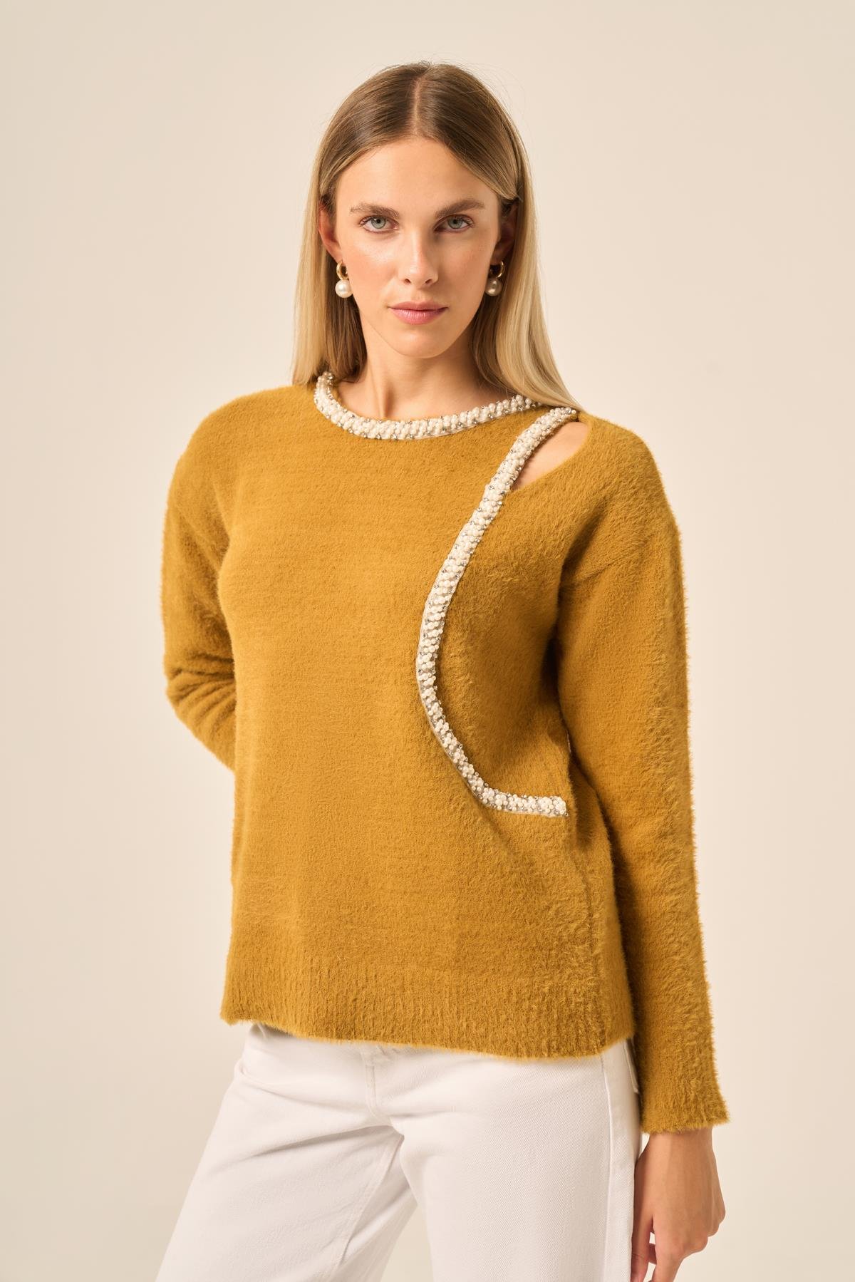 FTZ Women Kadın İnci Detay Kazak  Hardal 25061